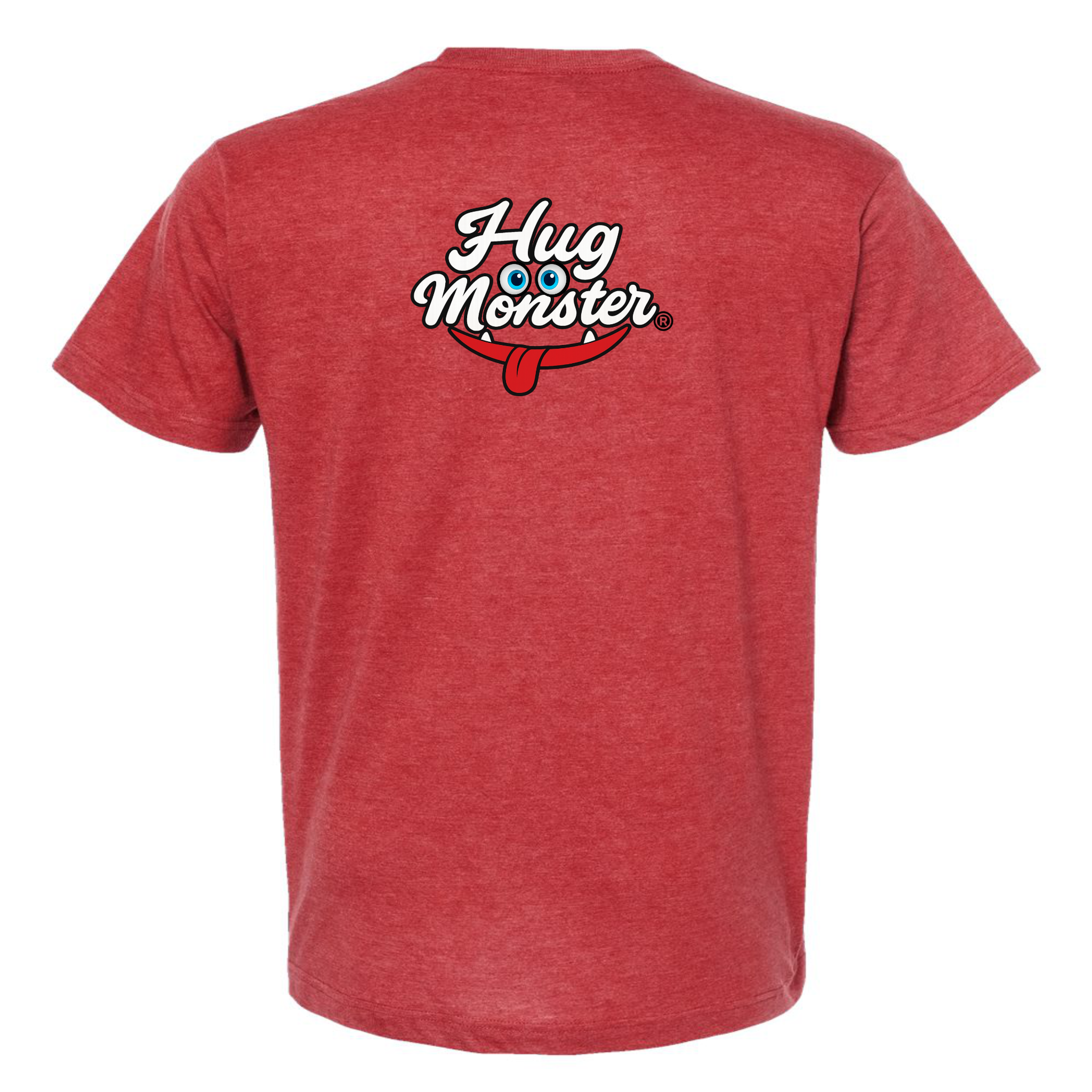 Hug Monster Classic Original Logo T-Shirt - Positive Message Graphic Tee in Heather Scarlet Red – Back View