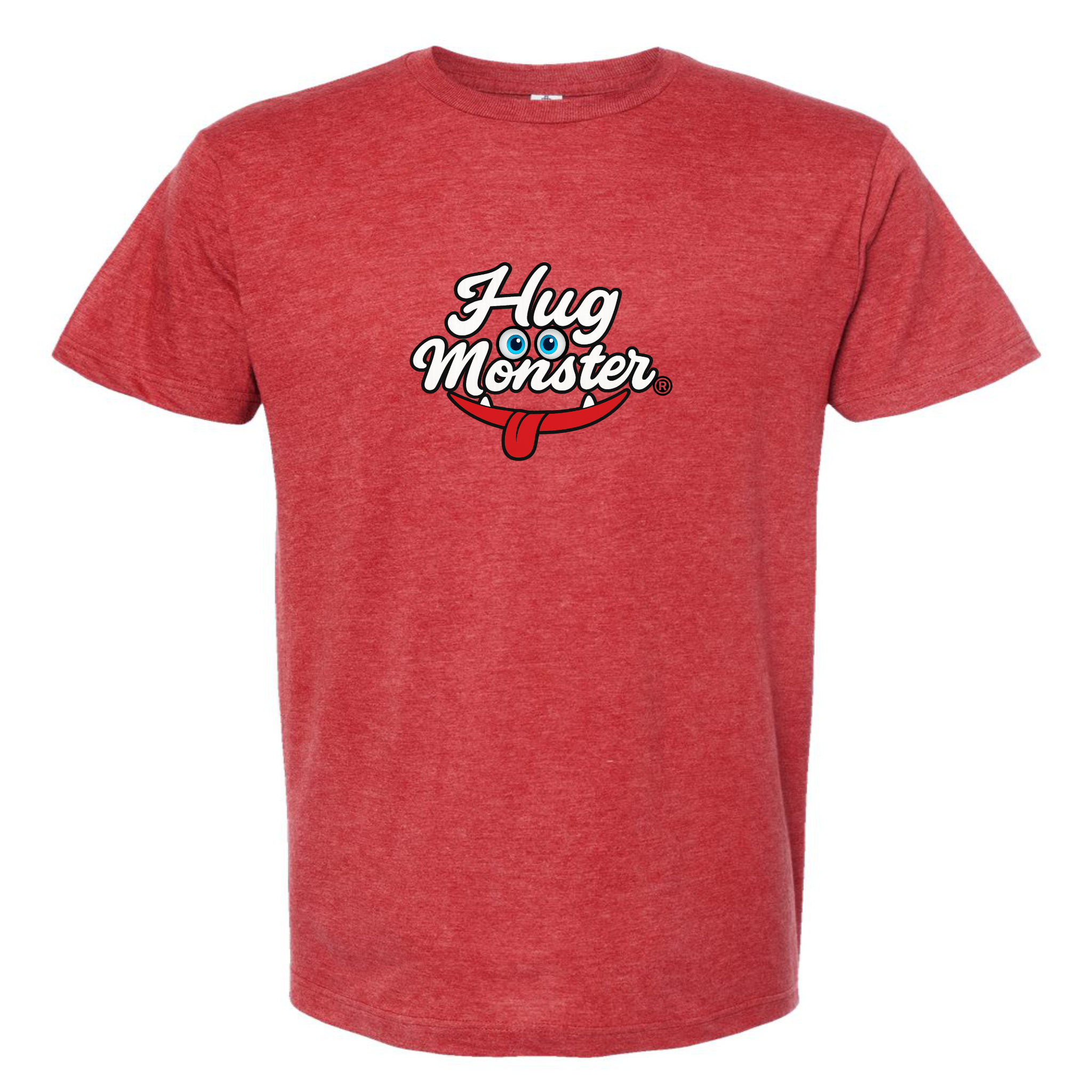 Hug Monster Classic Original Logo T-Shirt - Positive Message Graphic Tee in Heather Scarlet Red – Front View