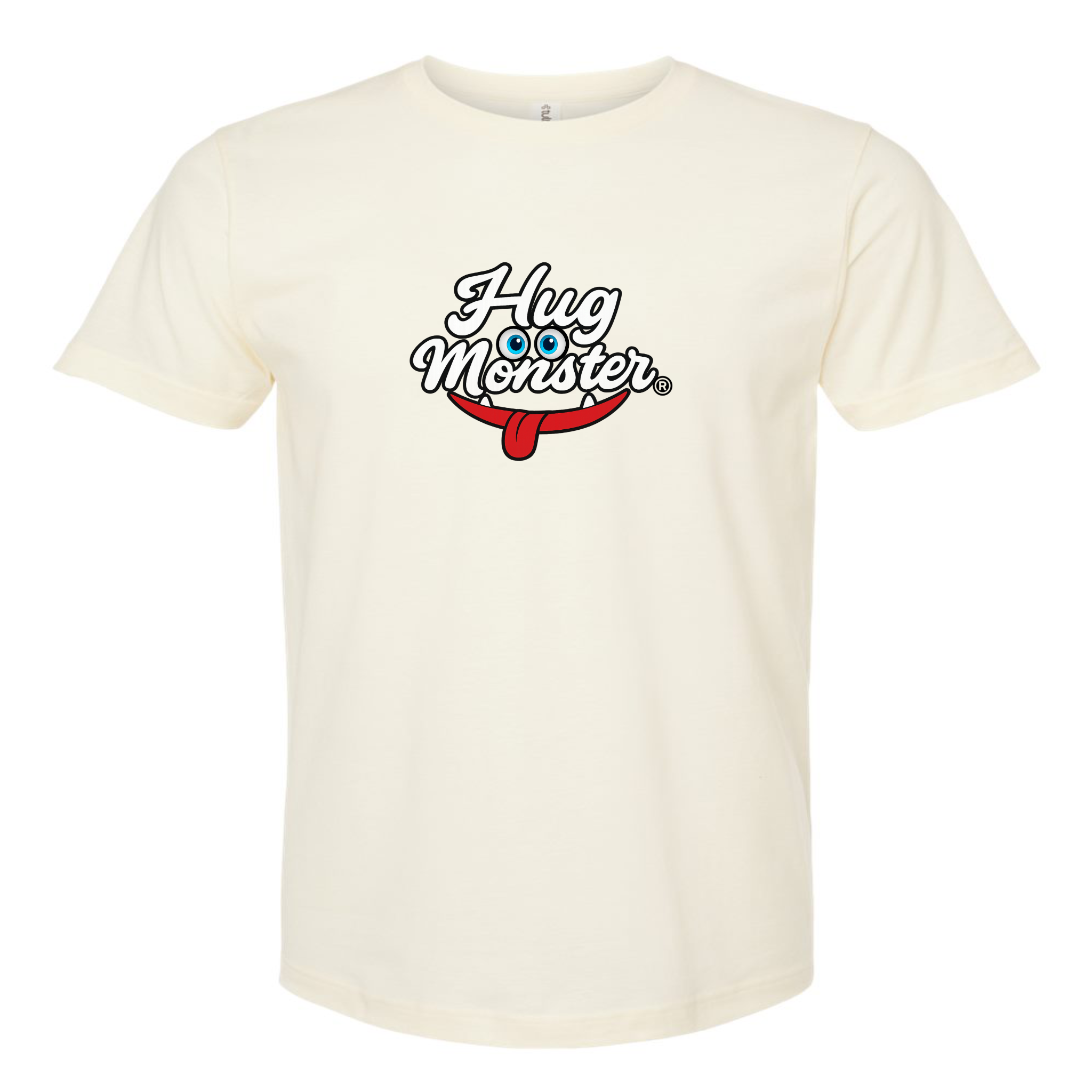 Hug Monster Classic Original Logo T-Shirt - Positive Message Graphic Tee in Natural – Front View