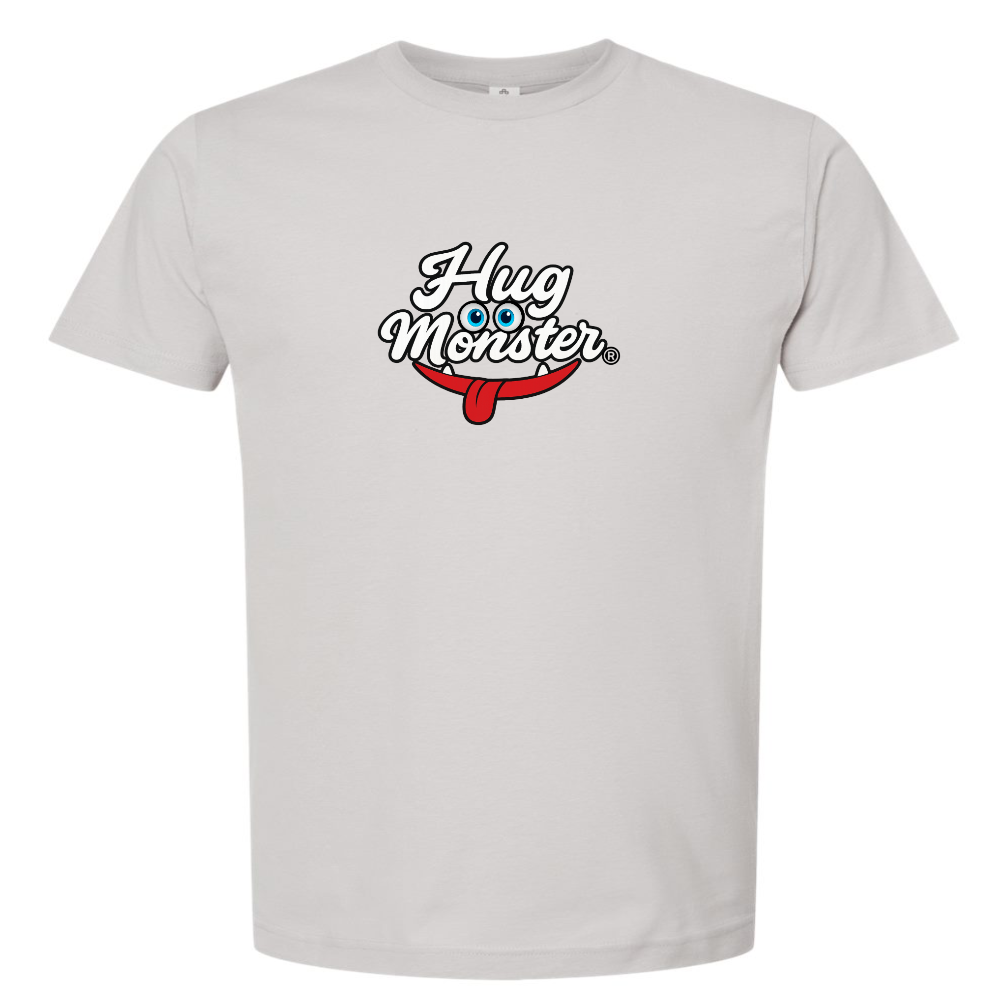 Hug Monster Classic Original Logo T-Shirt - Positive Message Graphic Tee in Silver – Front View