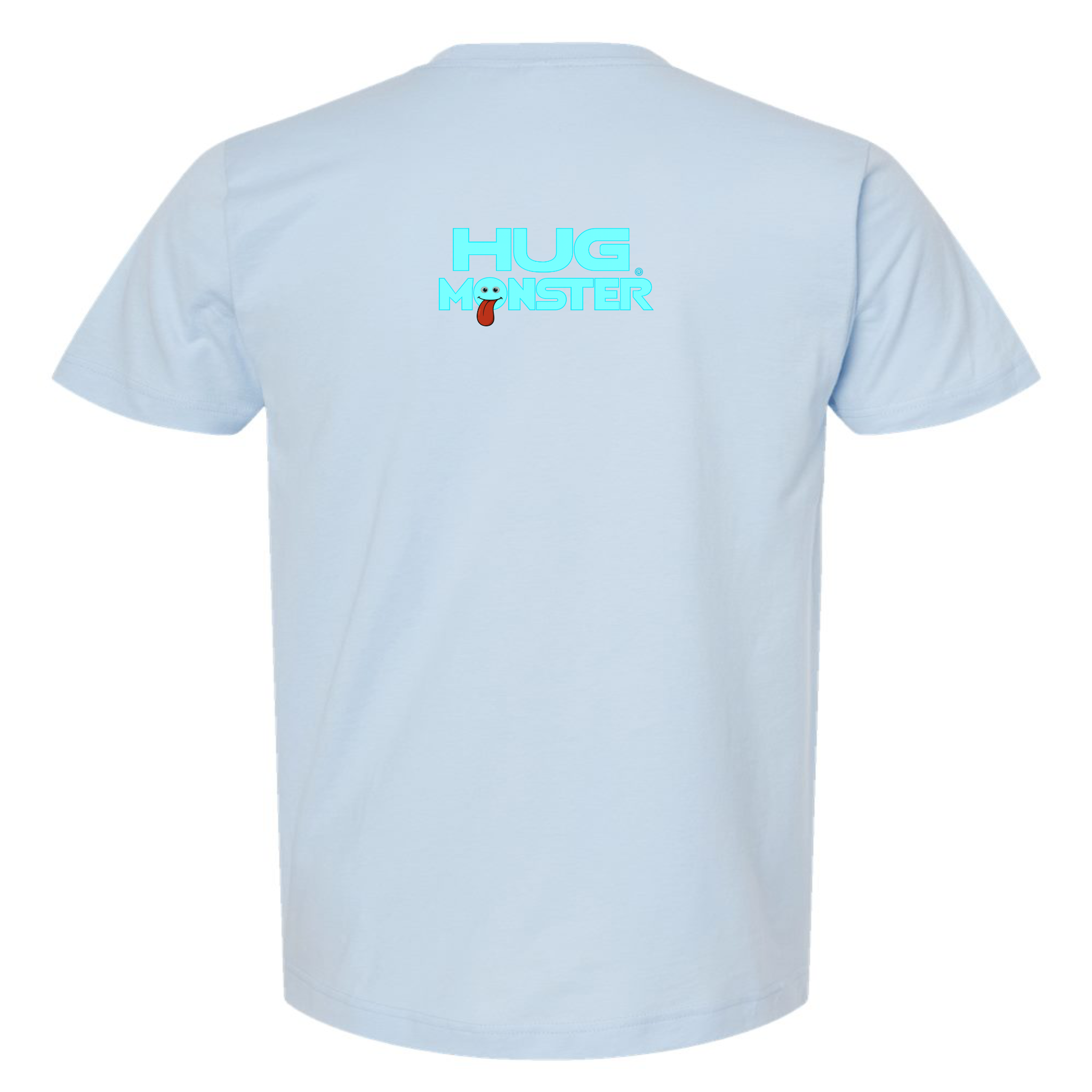 Hug Monster Classic Smile T-Shirt - Positive Message Graphic Tee in Baby Blue – Back View