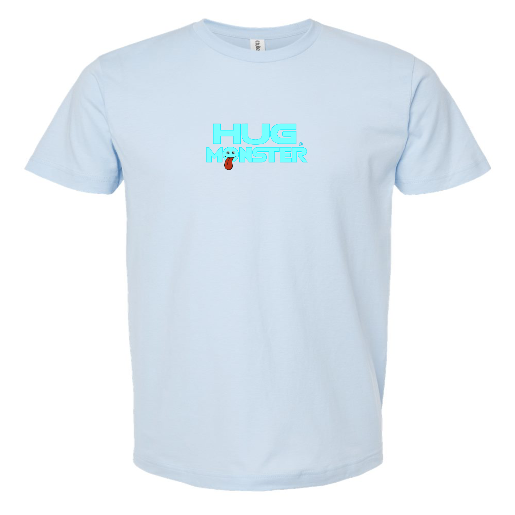 Hug Monster Classic Smile T-Shirt - Positive Message Graphic Tee in Baby Blue – Front View
