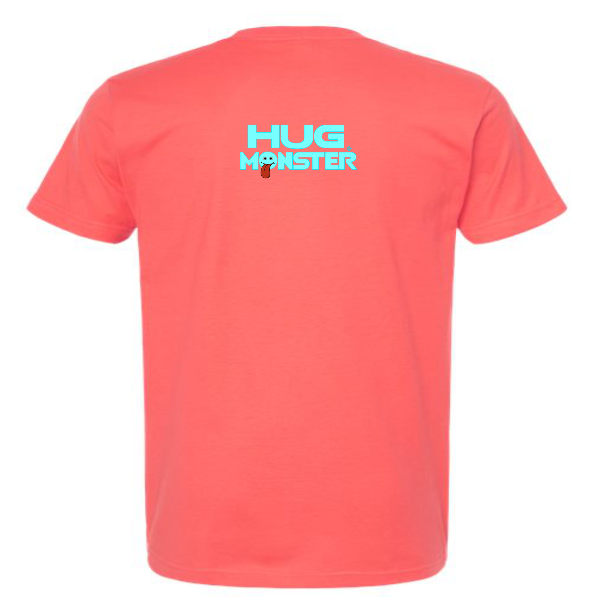 Hug Monster Classic Smile T-Shirt - Positive Message Graphic Tee in Bright Coral – Back View