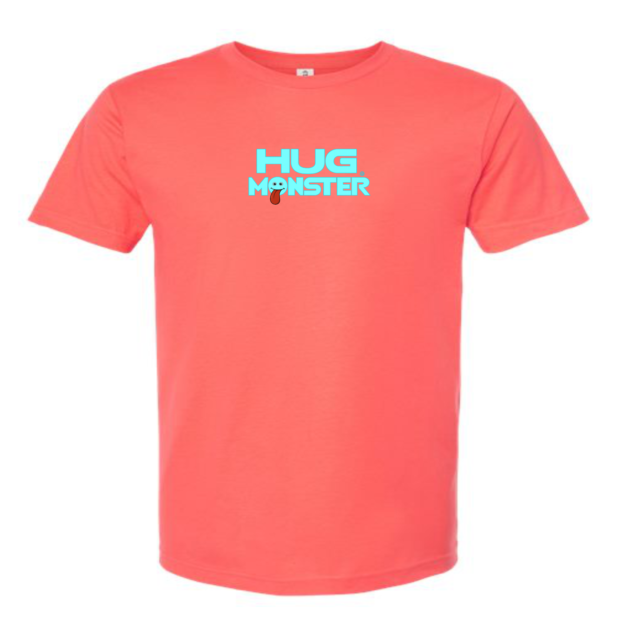 Hug Monster Classic Smile T-Shirt - Positive Message Graphic Tee in Bright Coral – Front View