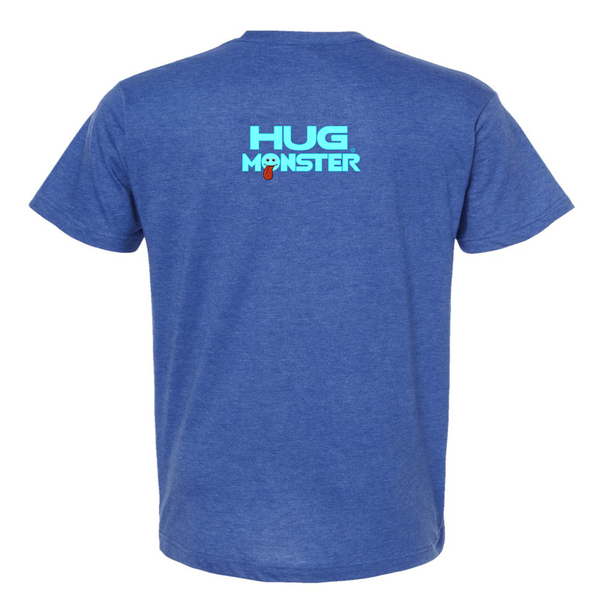 Hug Monster Classic Smile T-Shirt - Positive Message Graphic Tee in Heather Royal Blue – Back View