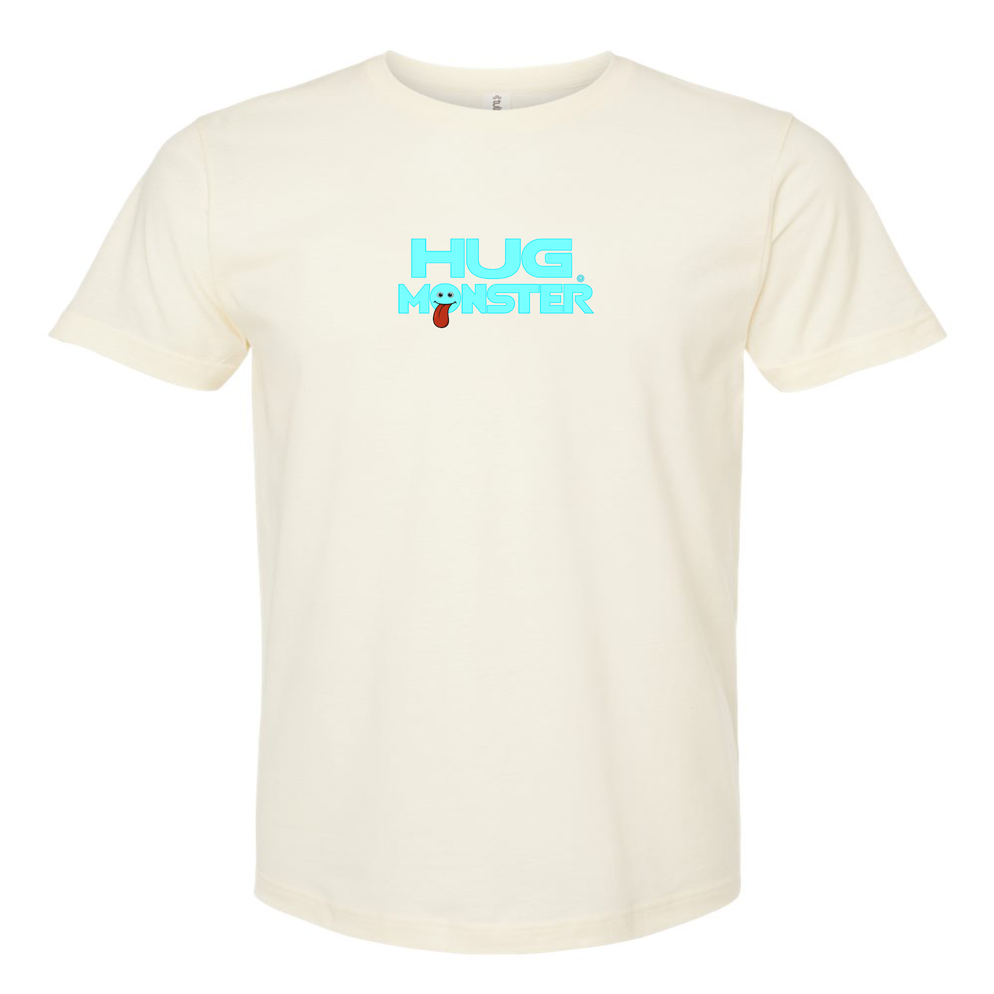 Hug Monster Classic Smile T-Shirt - Positive Message Graphic Tee in Natural – Front View