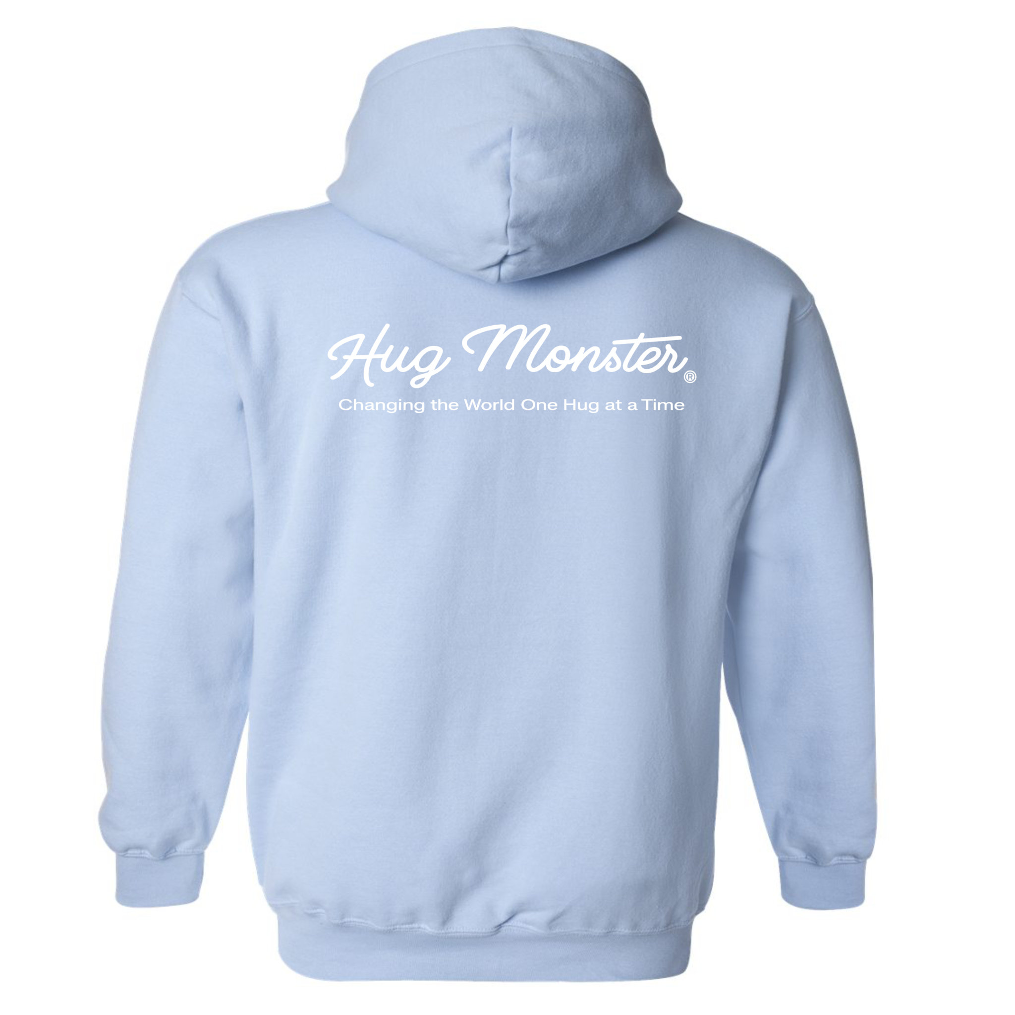 Hug Monster Classic White Cursive Changing the World One Hug at a Time graphic hoodie in Baby Blue cozy fleece positive message sweatshirt