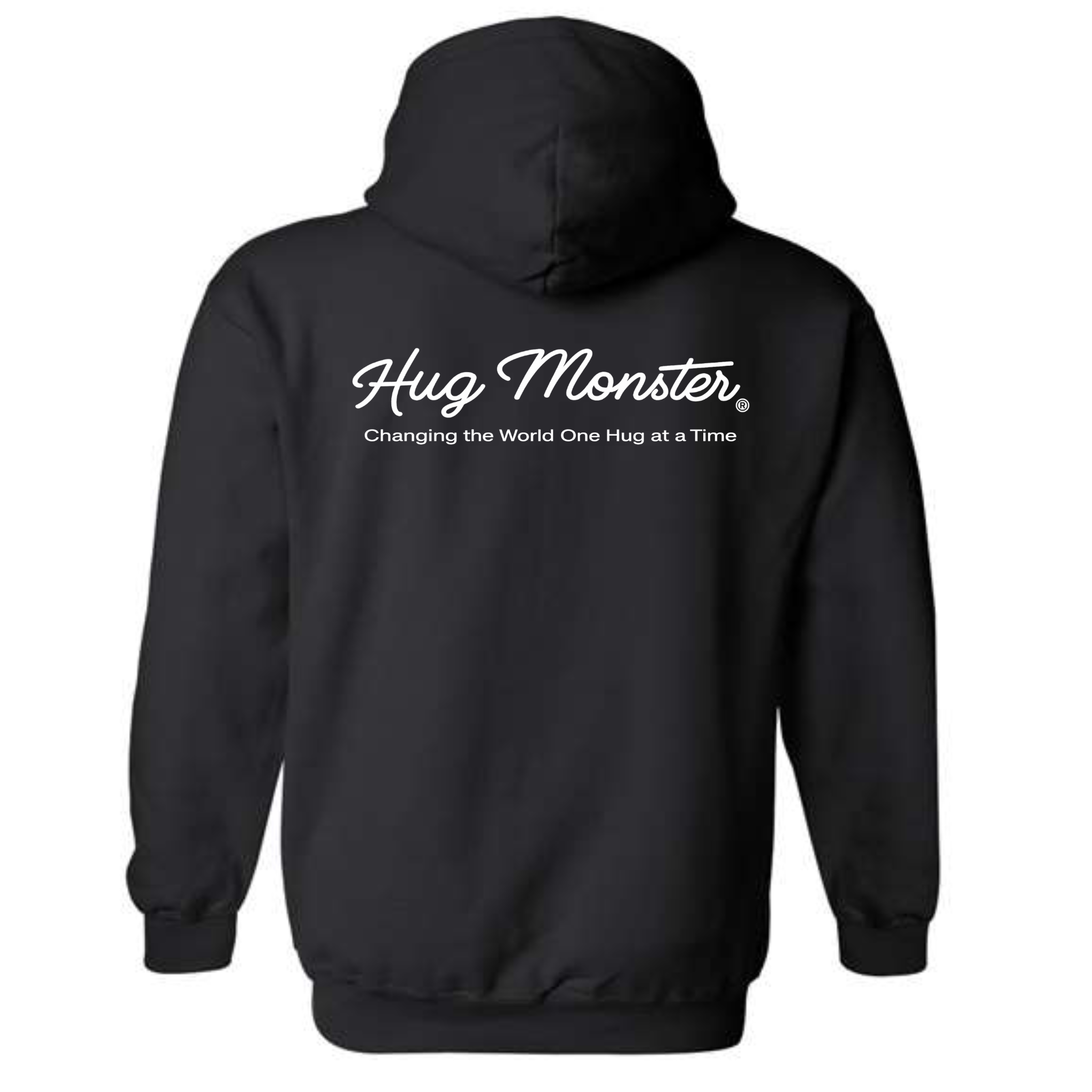 Hug Monster Classic White Cursive Changing the World One Hug at a Time graphic hoodie in Black cozy fleece positive message sweatshirt