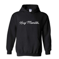 Hug Monster Classic White Cursive Changing the World One Hug at a Time graphic hoodie in Black cozy fleece positive message sweatshirt