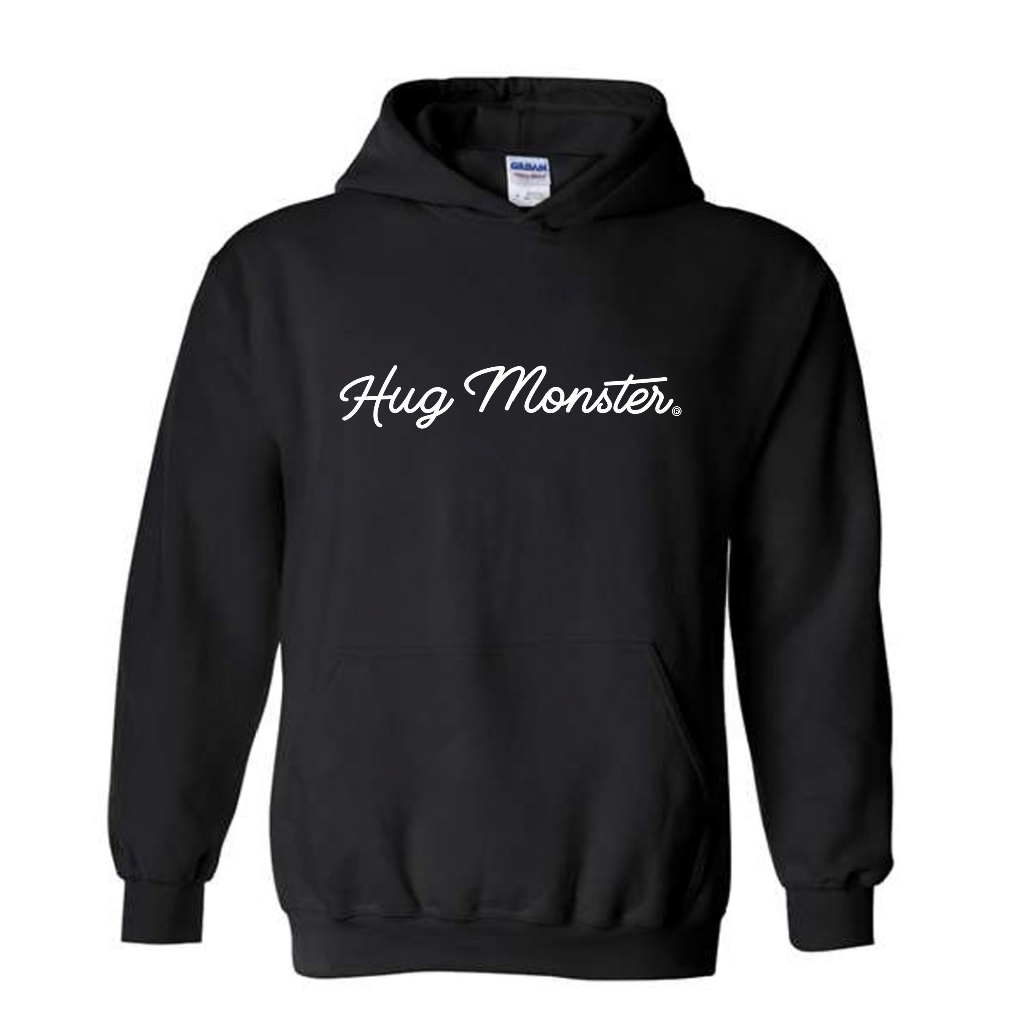 Hug Monster Classic White Cursive Changing the World One Hug at a Time graphic hoodie in Black cozy fleece positive message sweatshirt