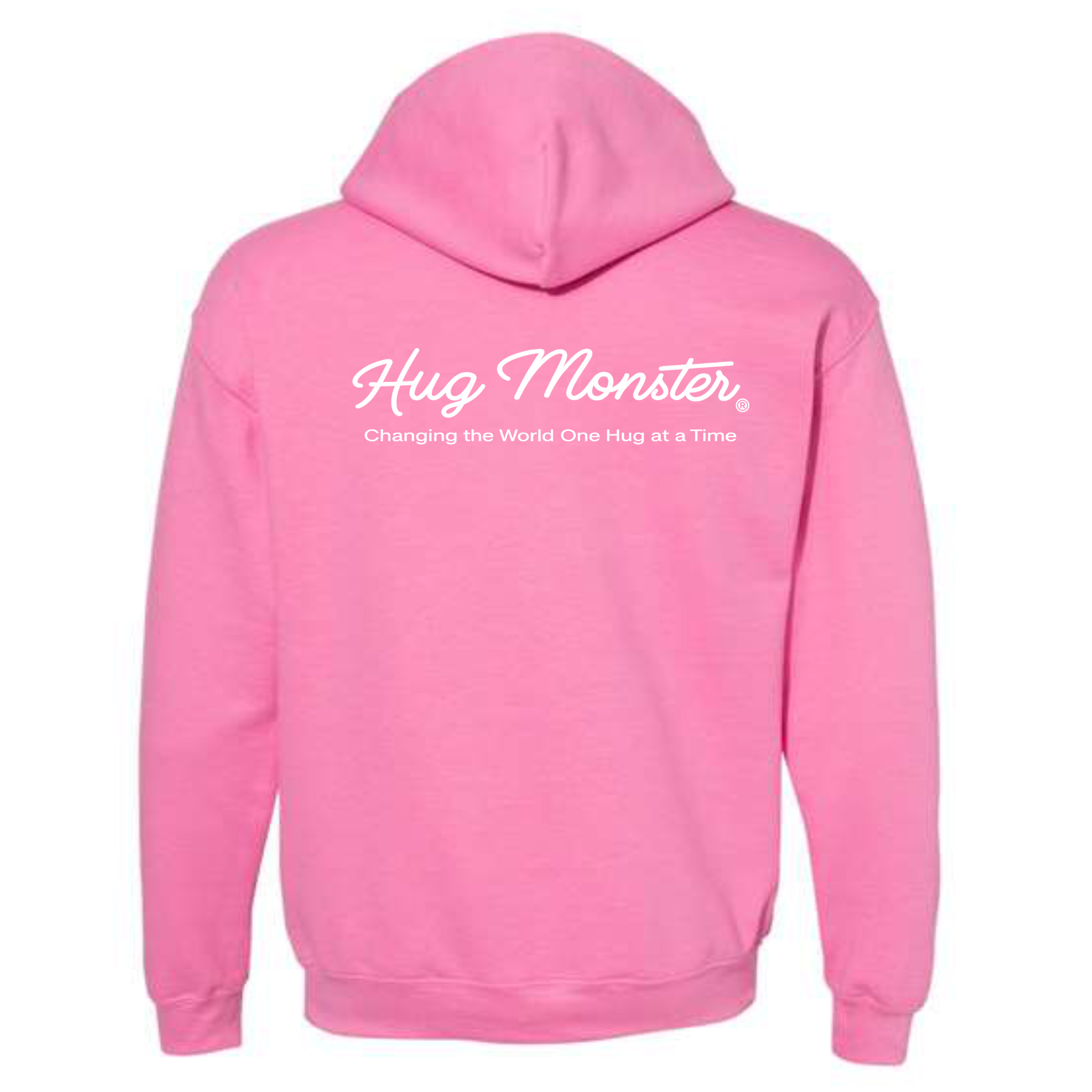 Hug Monster Classic White Cursive Changing the World One Hug at a Time graphic hoodie in Bright Soft Rose Pink cozy fleece positive message sweatshirt