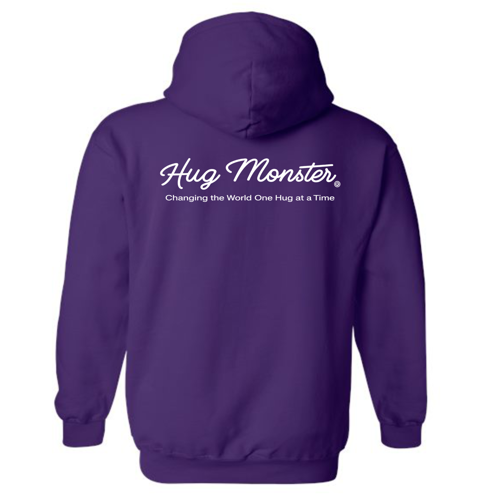 Hug Monster Classic White Cursive Changing the World One Hug at a Time graphic hoodie in Purple cozy fleece positive message sweatshirt