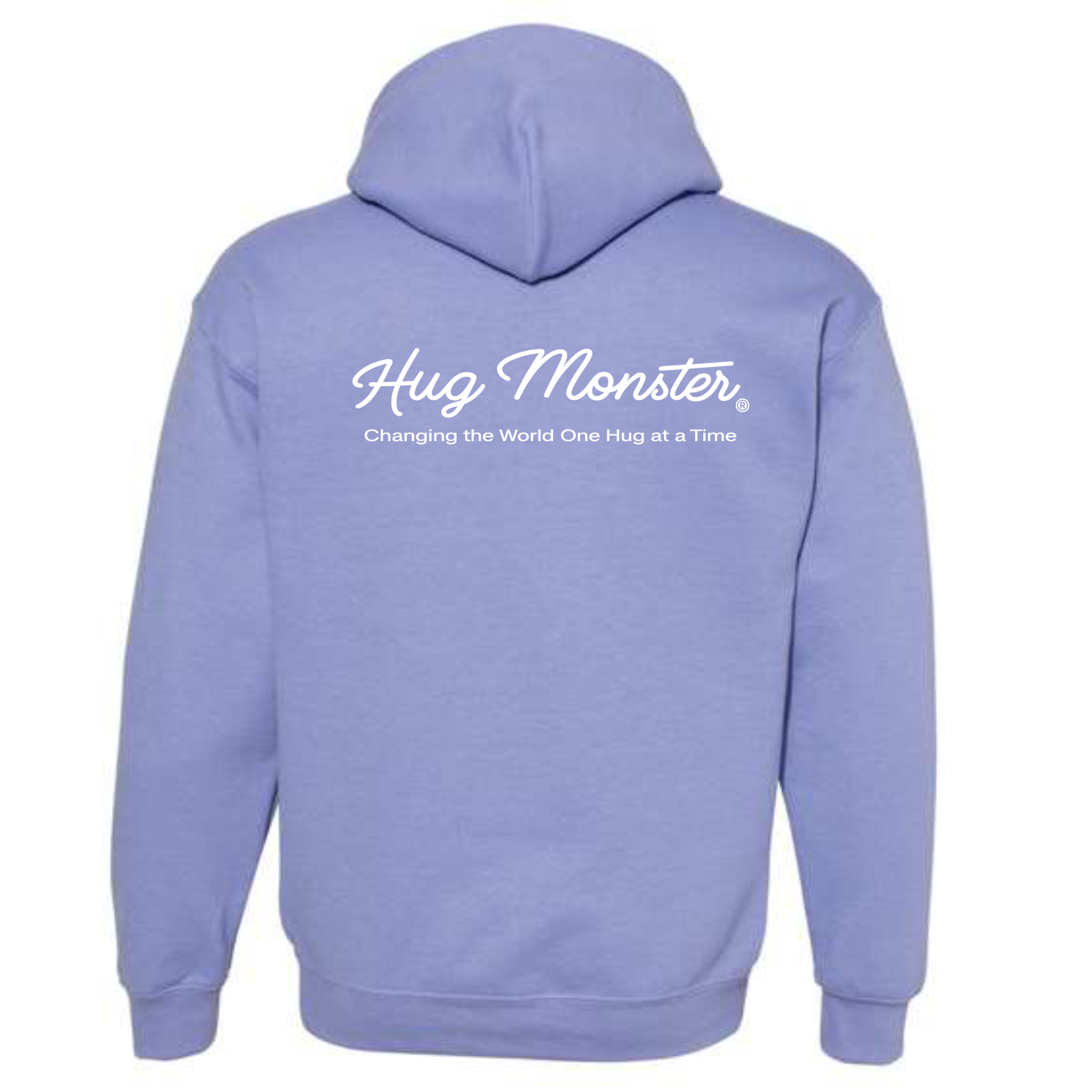 Hug Monster Classic White Cursive Changing the World One Hug at a Time graphic hoodie in Violet cozy fleece positive message sweatshirt