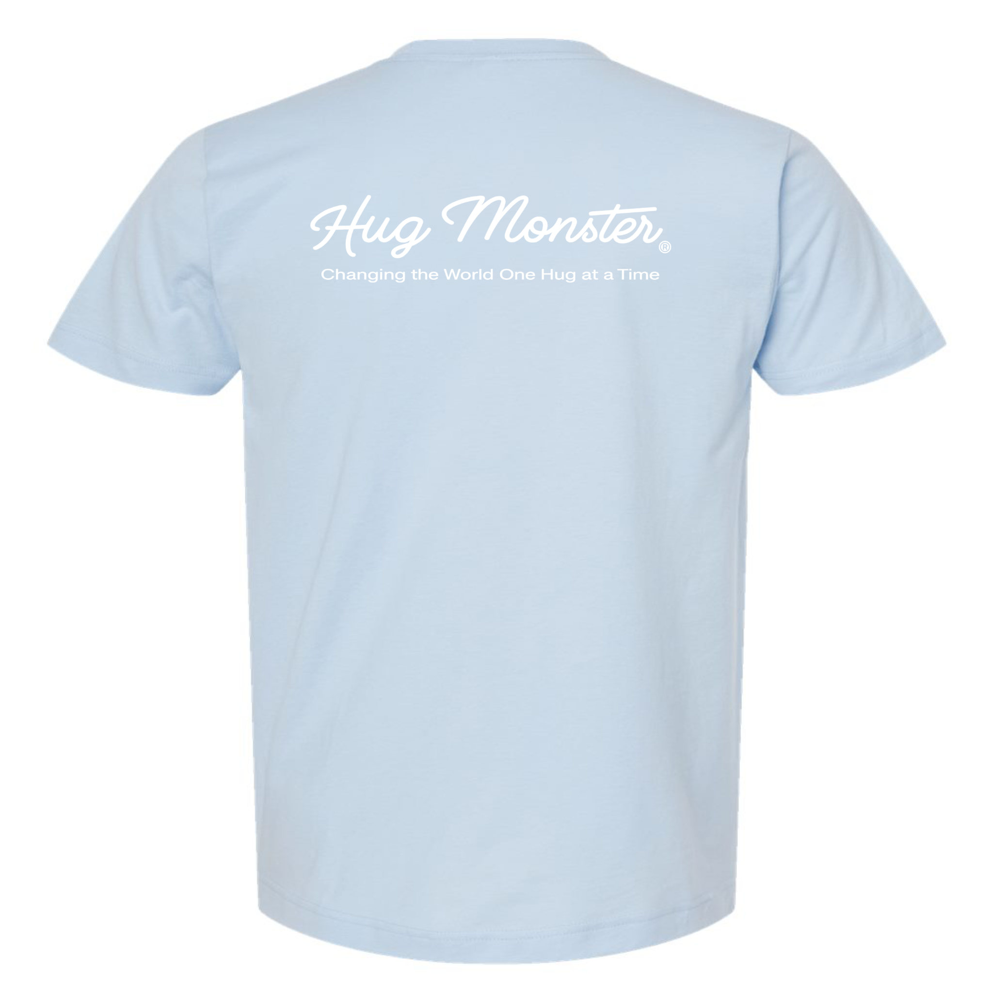 Hug Monster Classic White Cursive Changing the World One Hug at a Time T-Shirt in Baby Blue – Back View