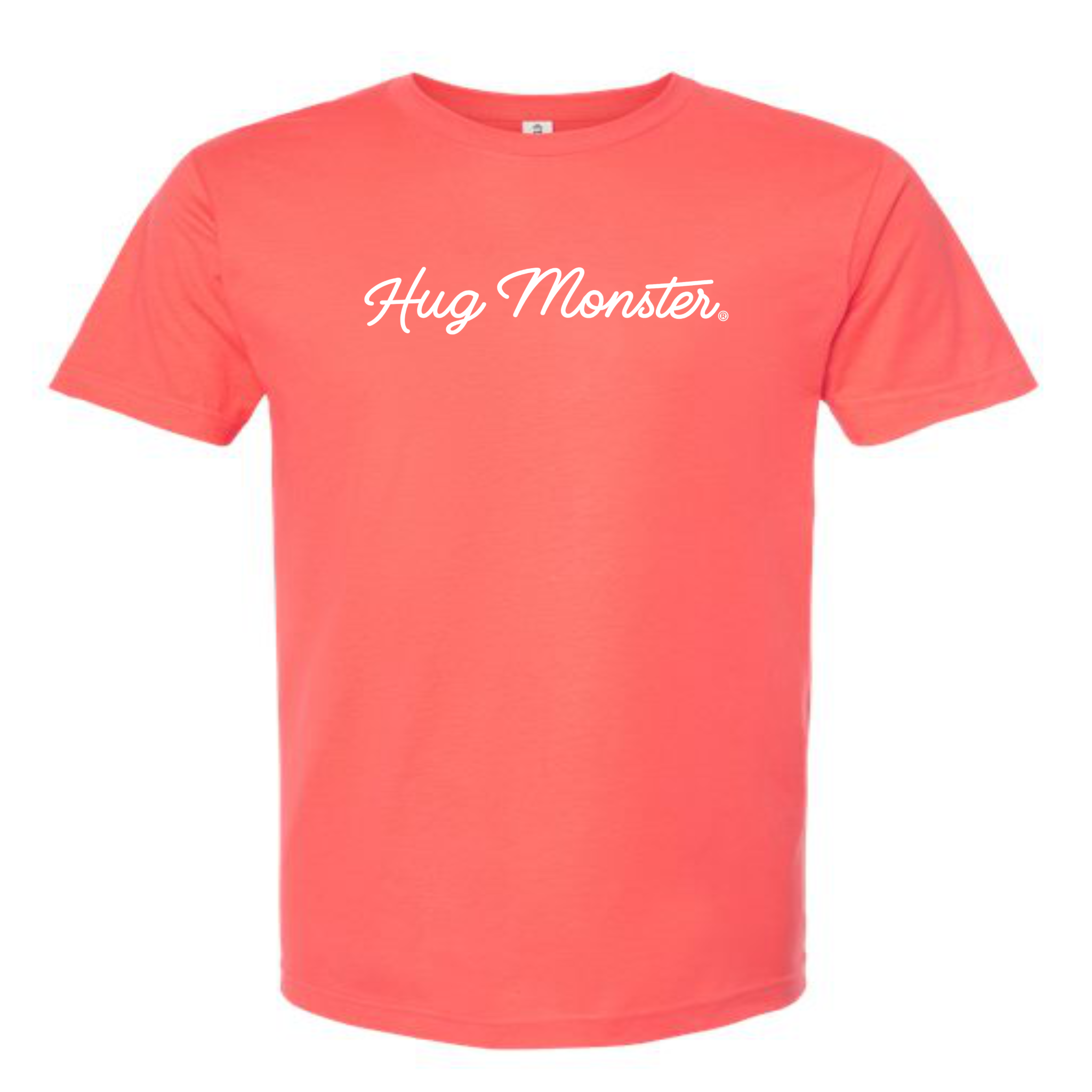Hug Monster Classic White Cursive Changing the World One Hug at a Time T-Shirt in Bright Coral – Front View