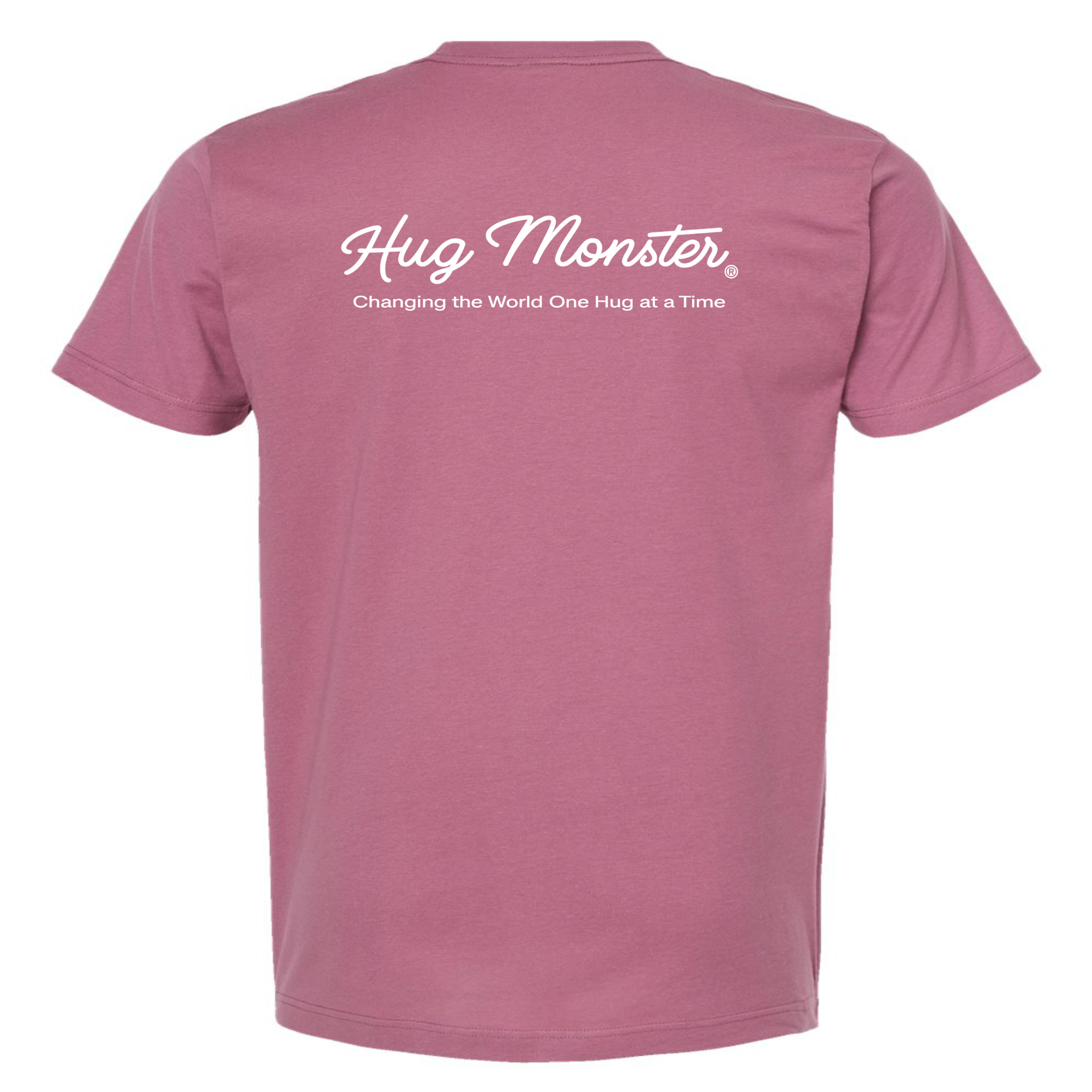 Hug Monster Classic White Cursive Changing the World One Hug at a Time T-Shirt in Heather Dusty Rose Pink – Back View