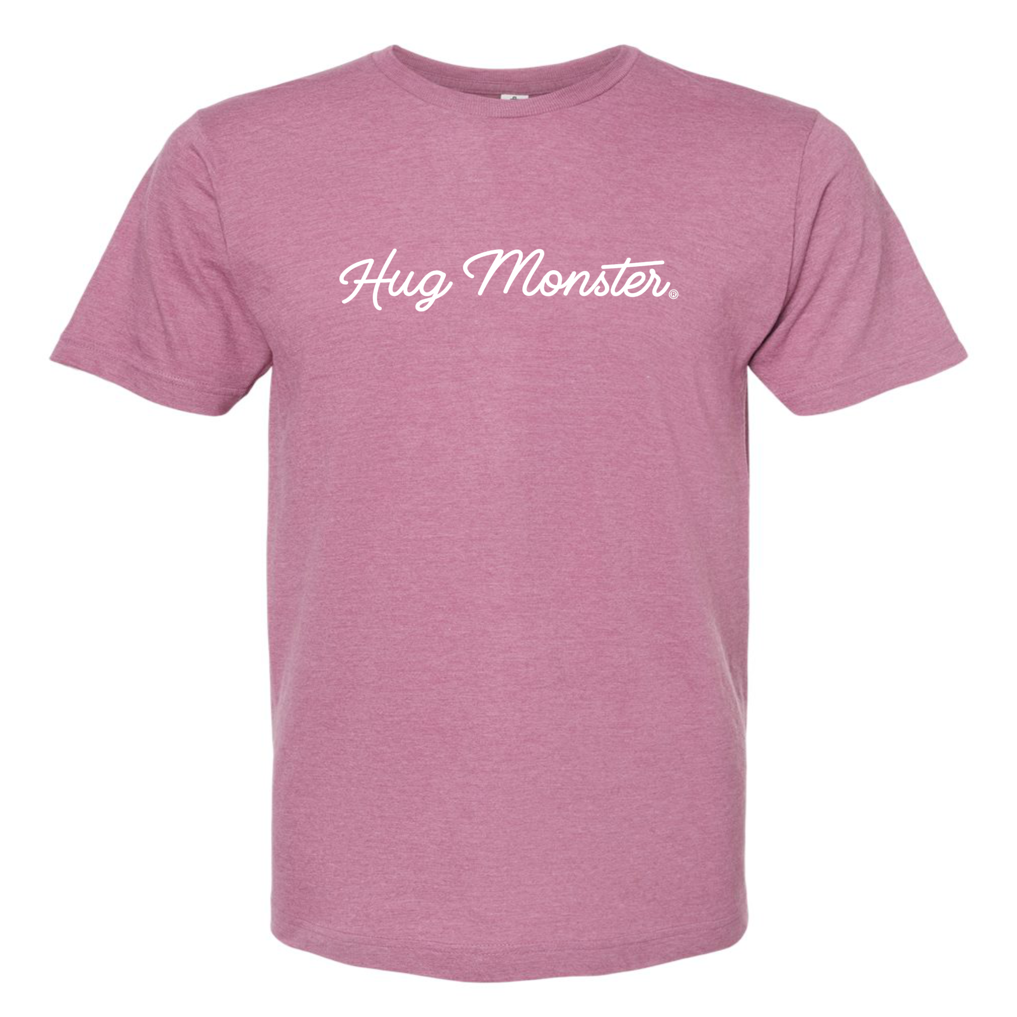 Hug Monster Classic White Cursive Changing the World One Hug at a Time T-Shirt in Heather Dusty Rose Pink – Front View