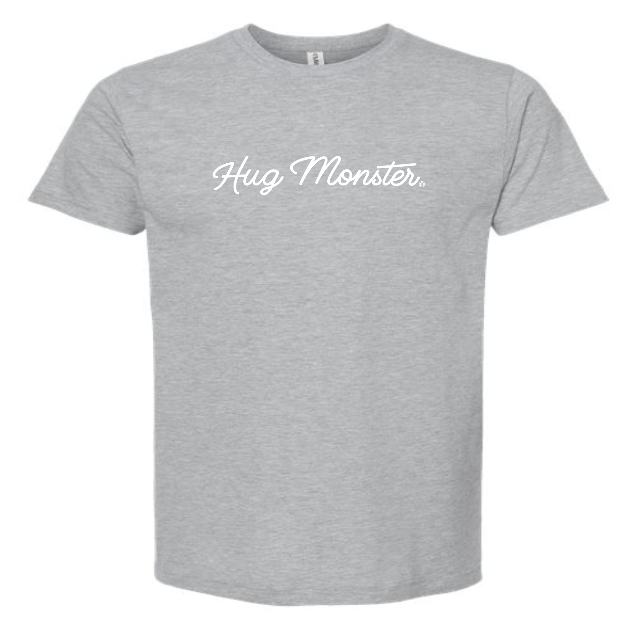 Hug Monster Classic White Cursive Changing the World One Hug at a Time T-Shirt in Heather Grey – Front View