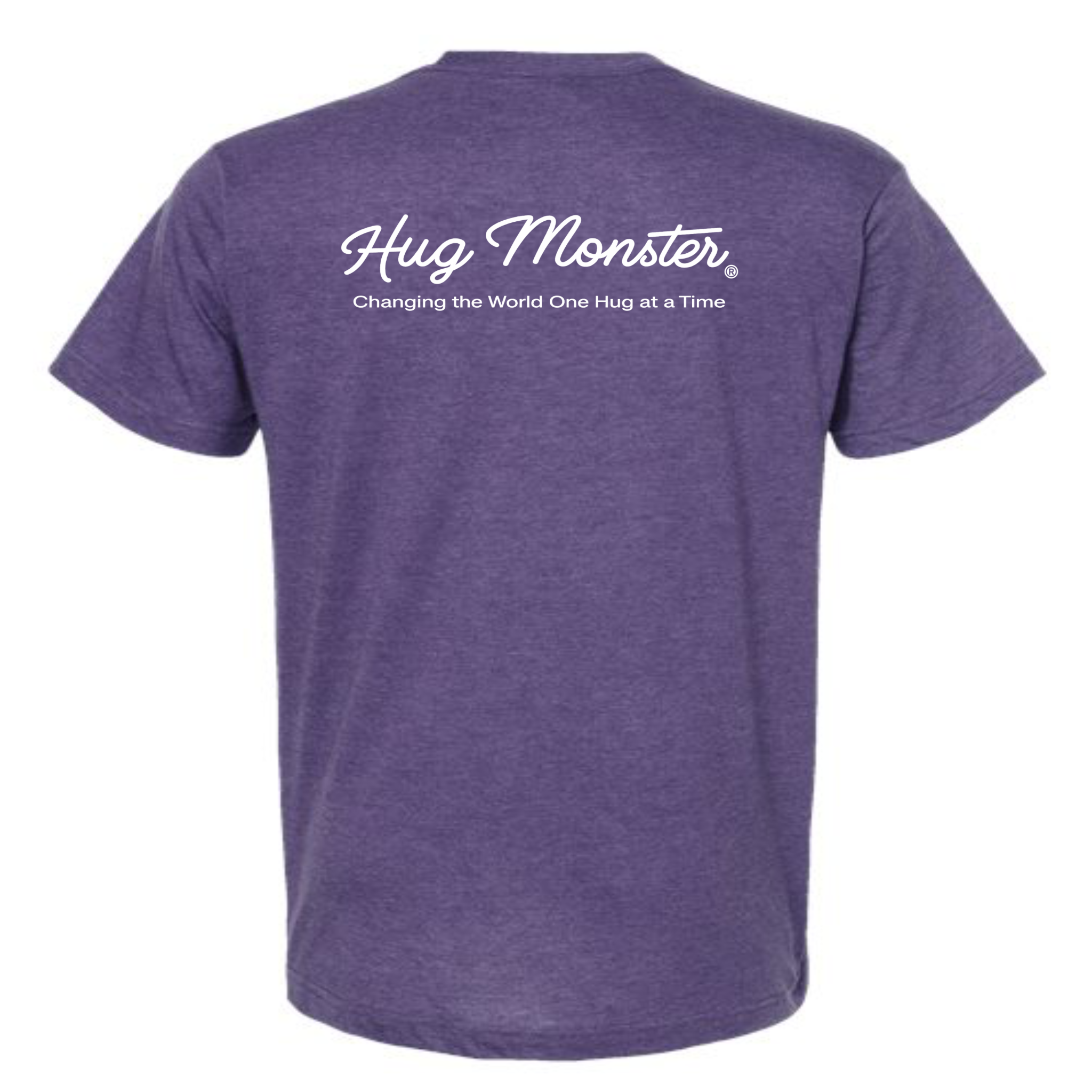 Hug Monster Classic White Cursive Changing the World One Hug at a Time T-Shirt in Heather Purple – Back View