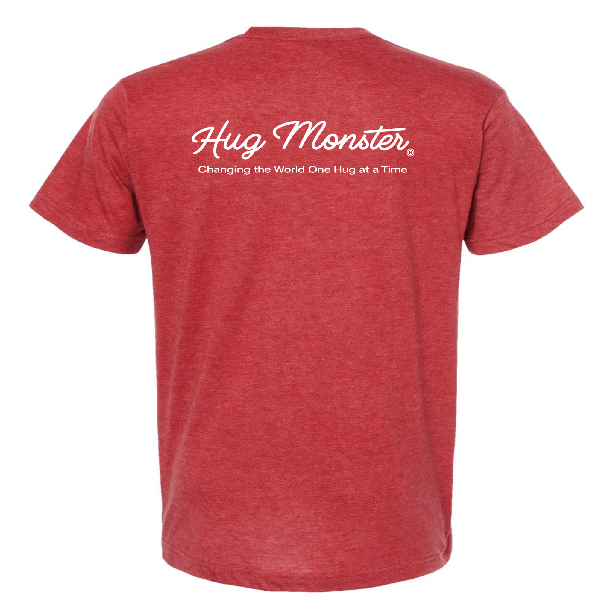 Hug Monster Classic White Cursive Changing the World One Hug at a Time T-Shirt in Heather Red Scarlet – Back View