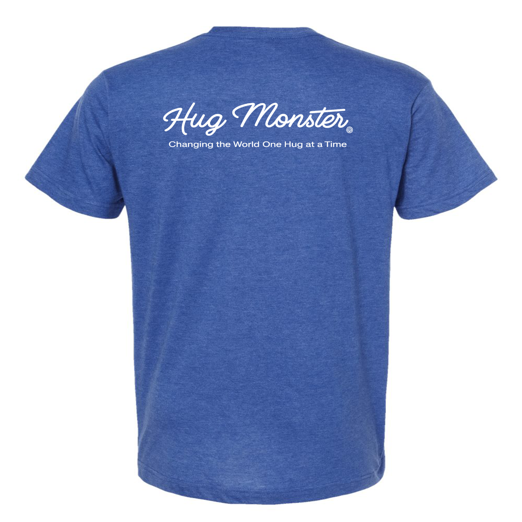 Hug Monster Classic White Cursive Changing the World One Hug at a Time T-Shirt in Heather Royal Blue – Back View