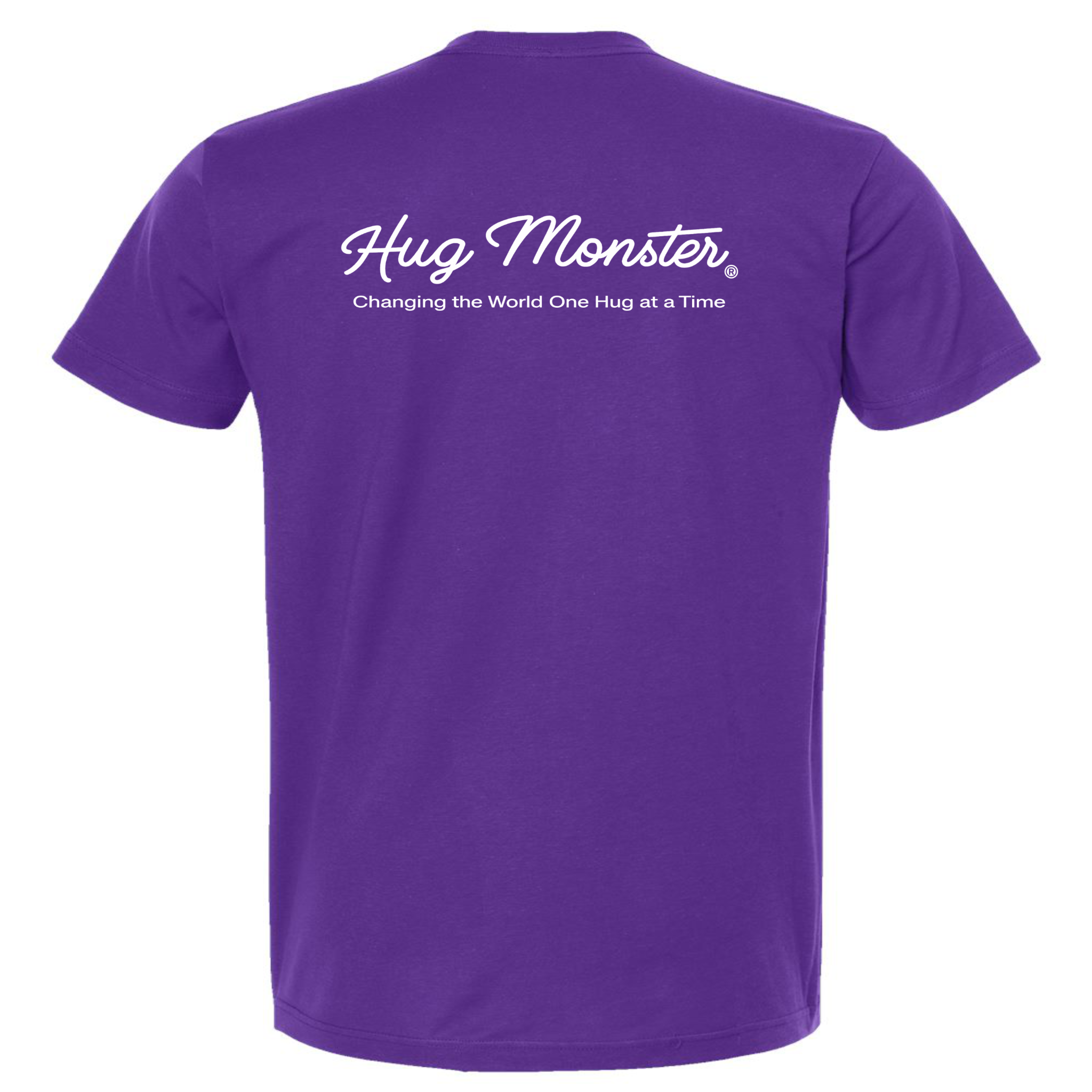 Hug Monster Classic White Cursive Changing the World One Hug at a Time T-Shirt in Purple – Back View