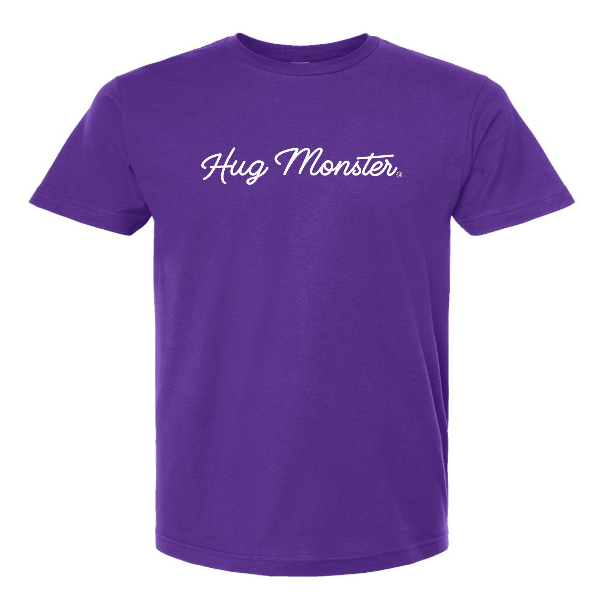 Hug Monster Classic White Cursive Changing the World One Hug at a Time T-Shirt in Purple – Front View