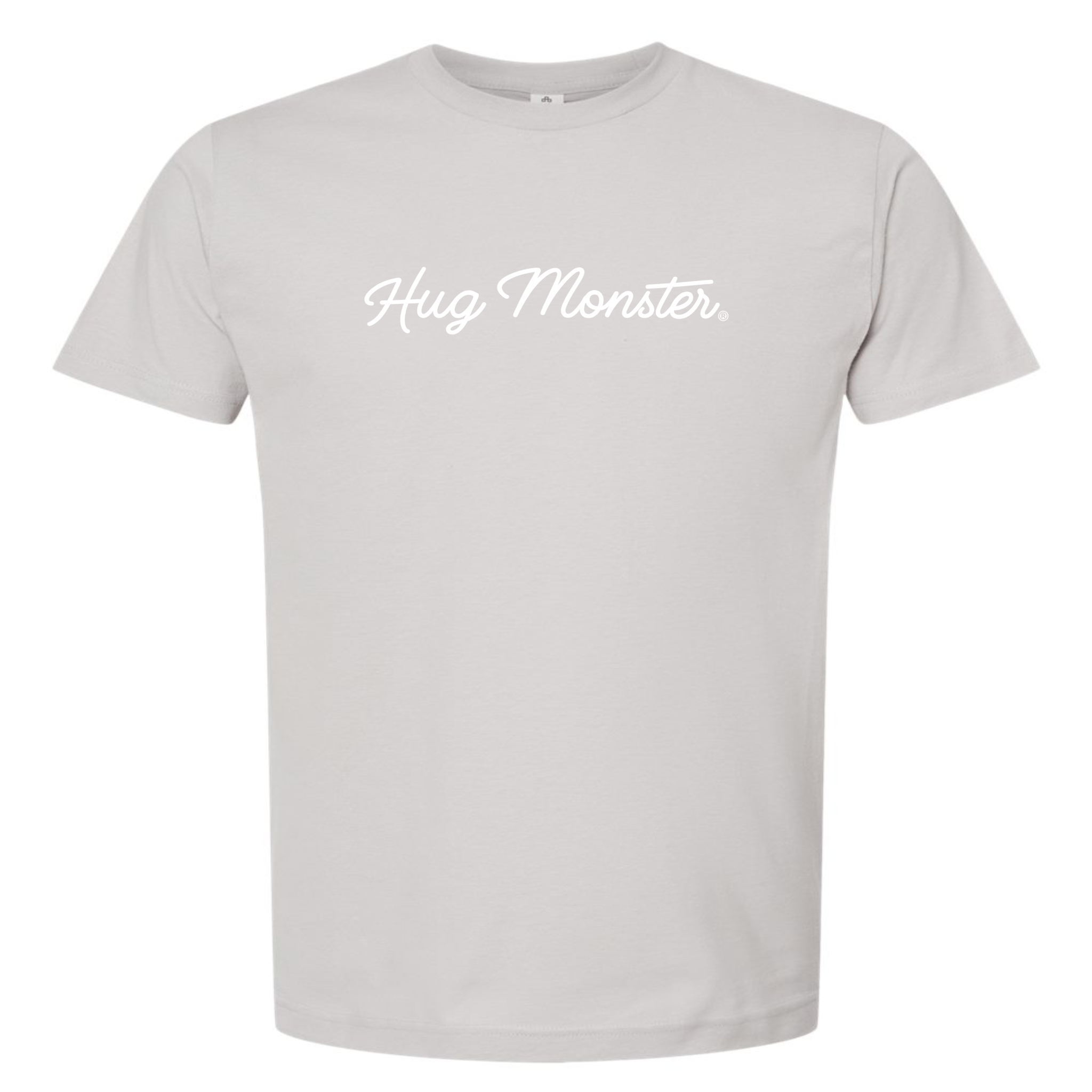 Hug Monster Classic White Cursive Changing the World One Hug at a Time T-Shirt in Silver – Front View