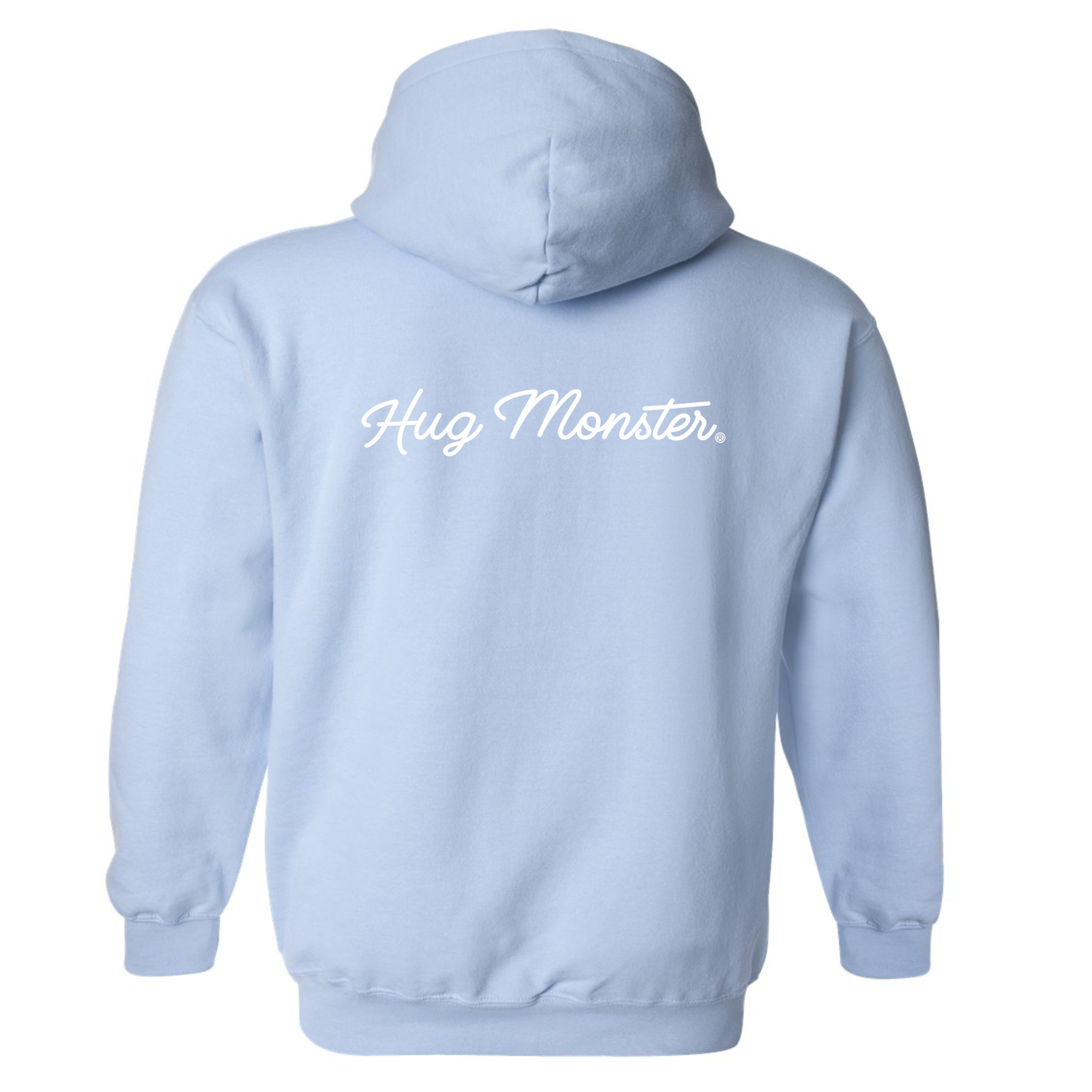 Hug Monster Classic White Cursive graphic hoodie in Baby Blue cozy fleece positive message sweatshirt