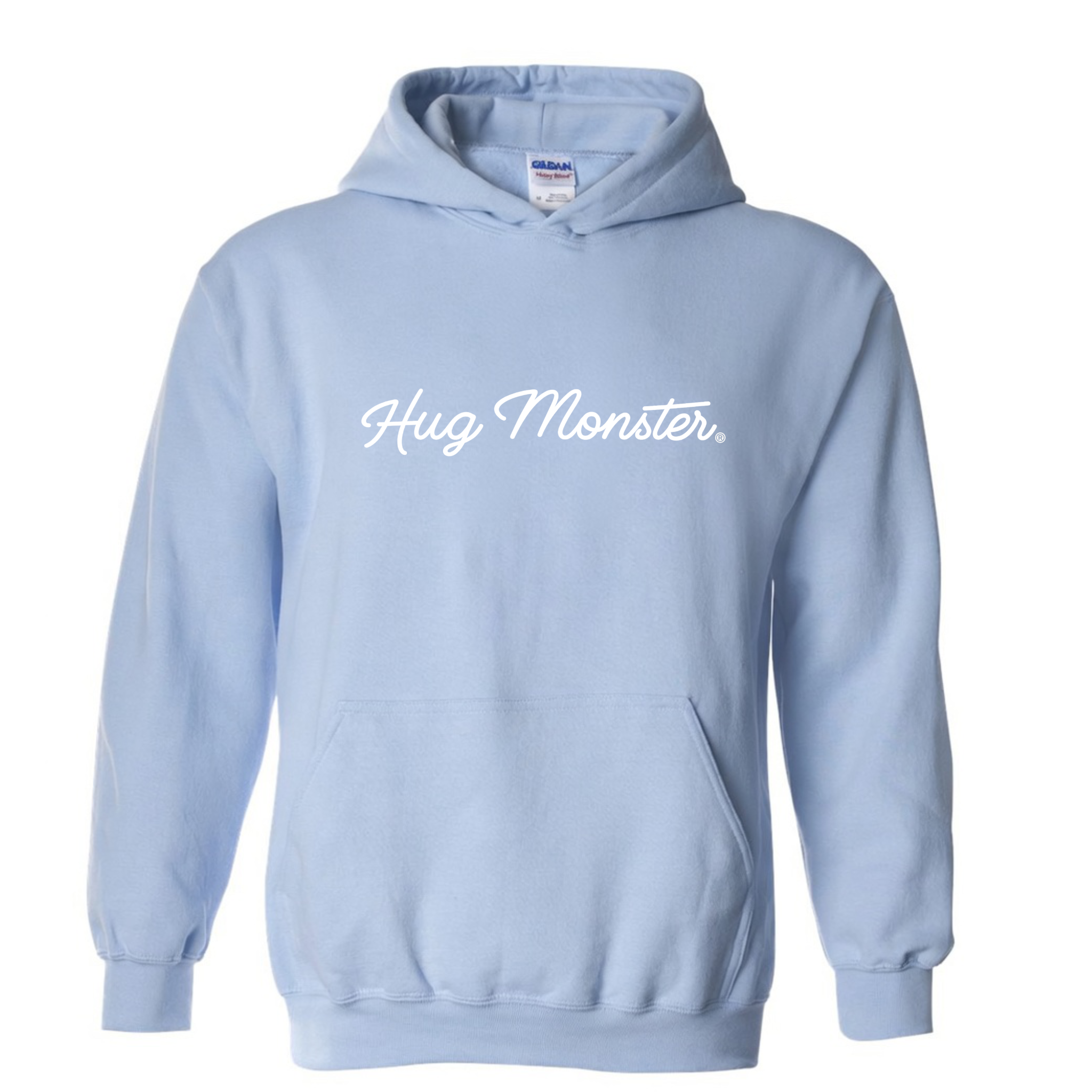 Hug Monster Classic White Cursive graphic hoodie in Baby Blue cozy fleece positive message sweatshirt