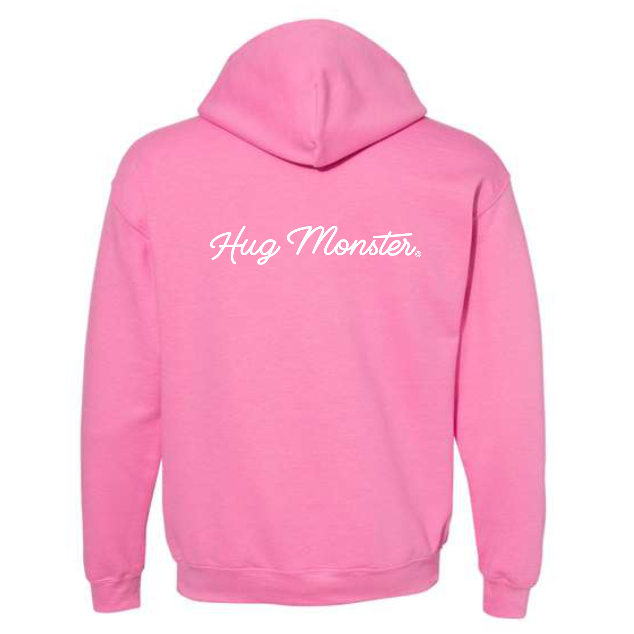 Hug Monster Classic White Cursive graphic hoodie in Bright Soft Rose Pink cozy fleece positive message sweatshirt