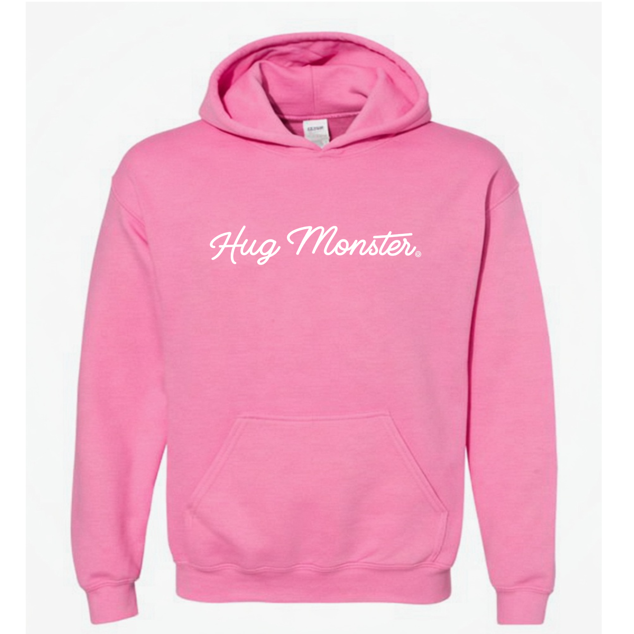 Hug Monster Classic White Cursive graphic hoodie in Bright Soft Rose Pink cozy fleece positive message sweatshirt