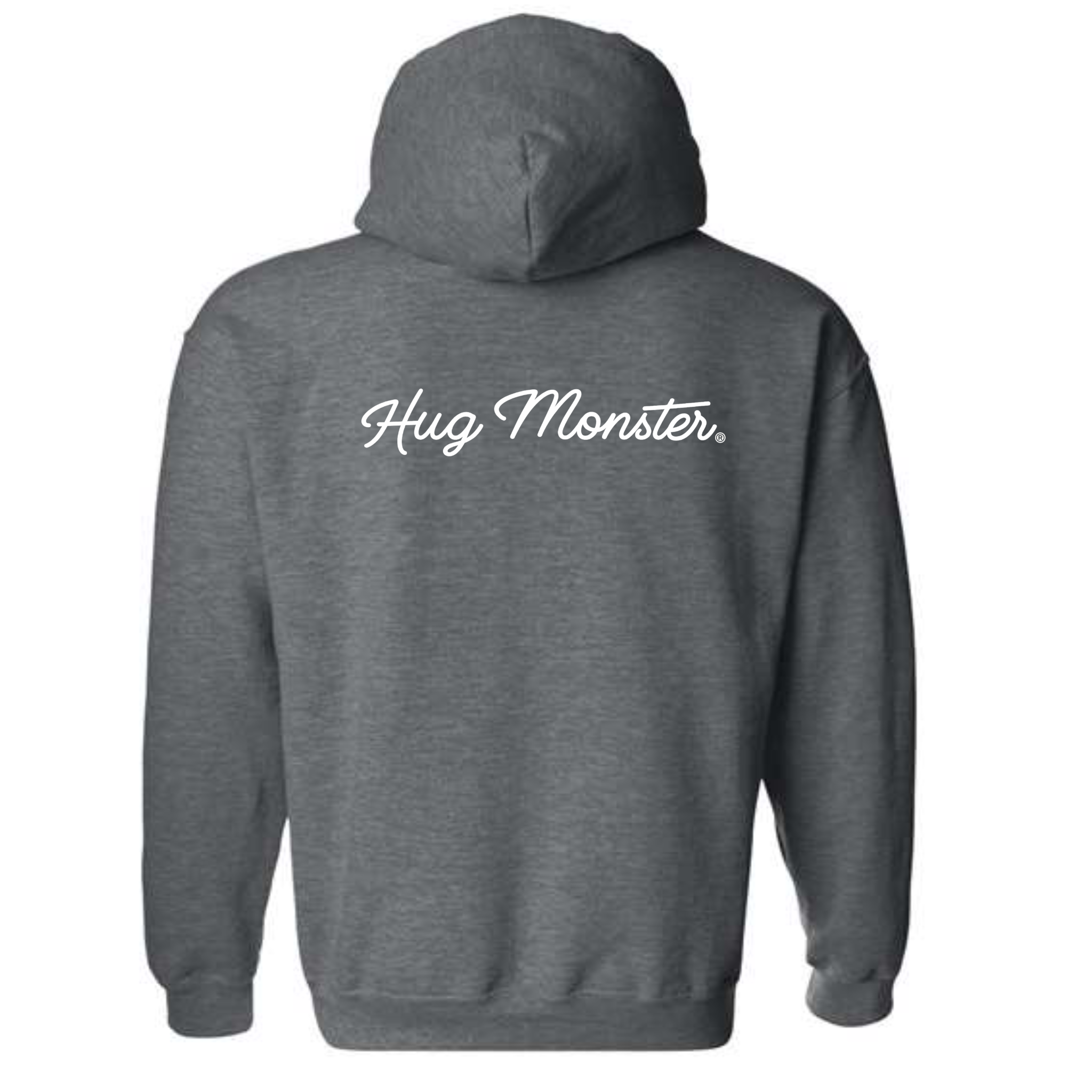 Hug Monster Classic White Cursive graphic hoodie in Dark Heather Grey cozy fleece positive message sweatshirt