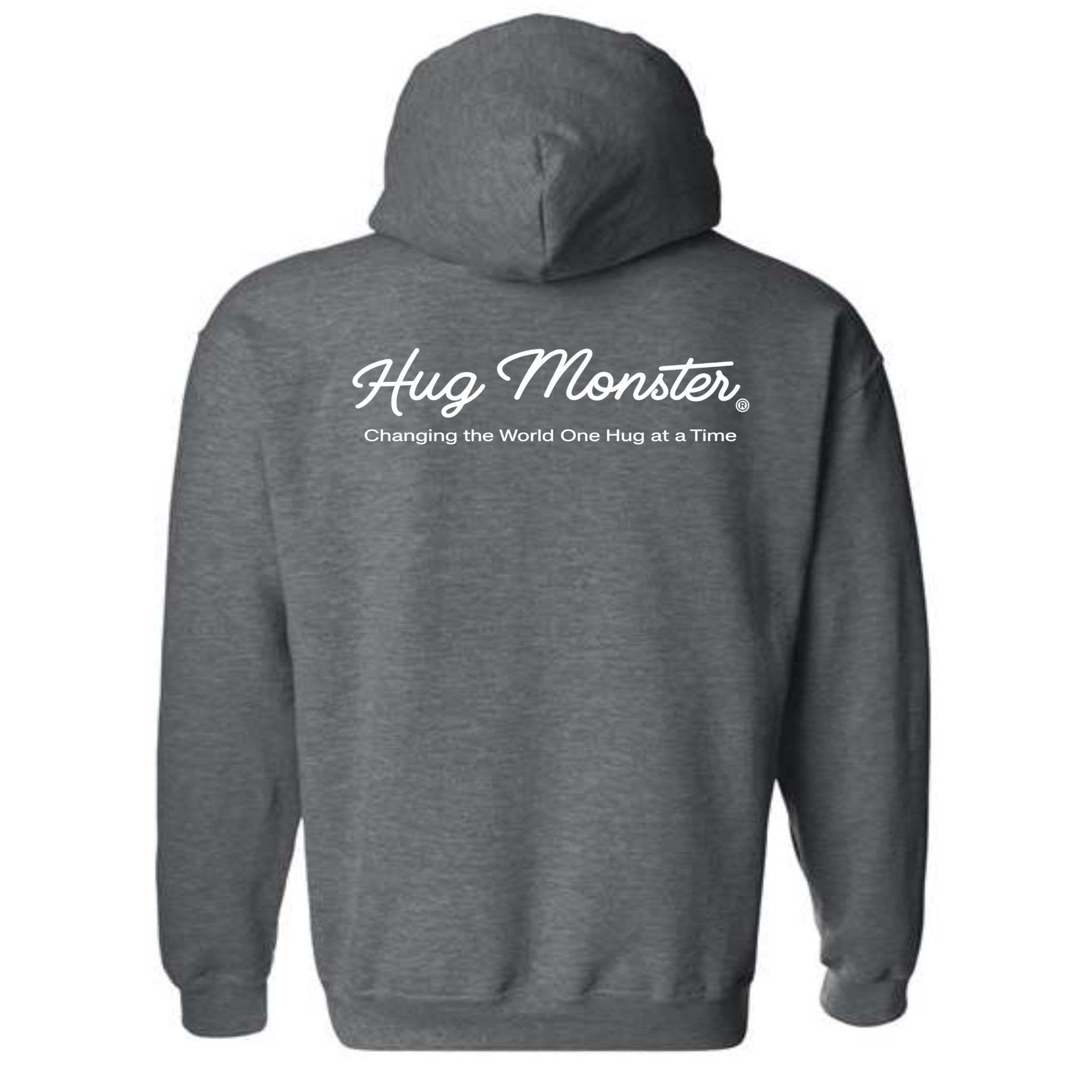 Hug Monster Classic White Cursive Changing the World One Hug at a Time graphic hoodie in Dark Heather Grey cozy fleece positive message sweatshirt