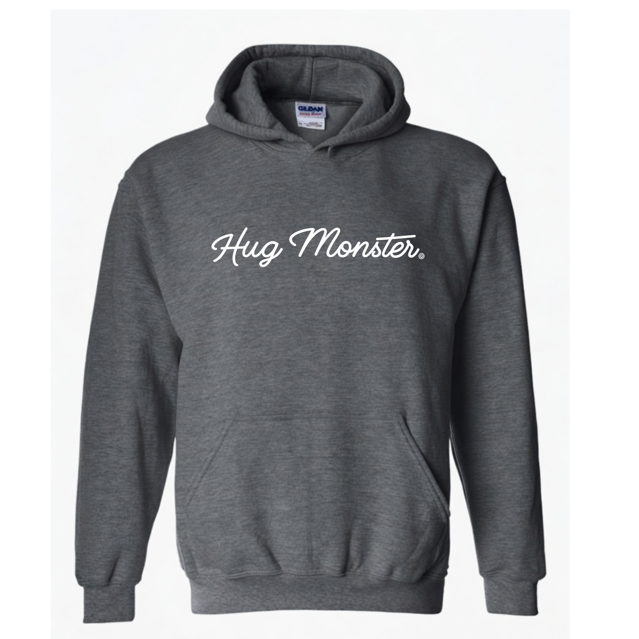 Hug Monster Classic White Cursive graphic hoodie in Dark Heather Grey cozy fleece positive message sweatshirt