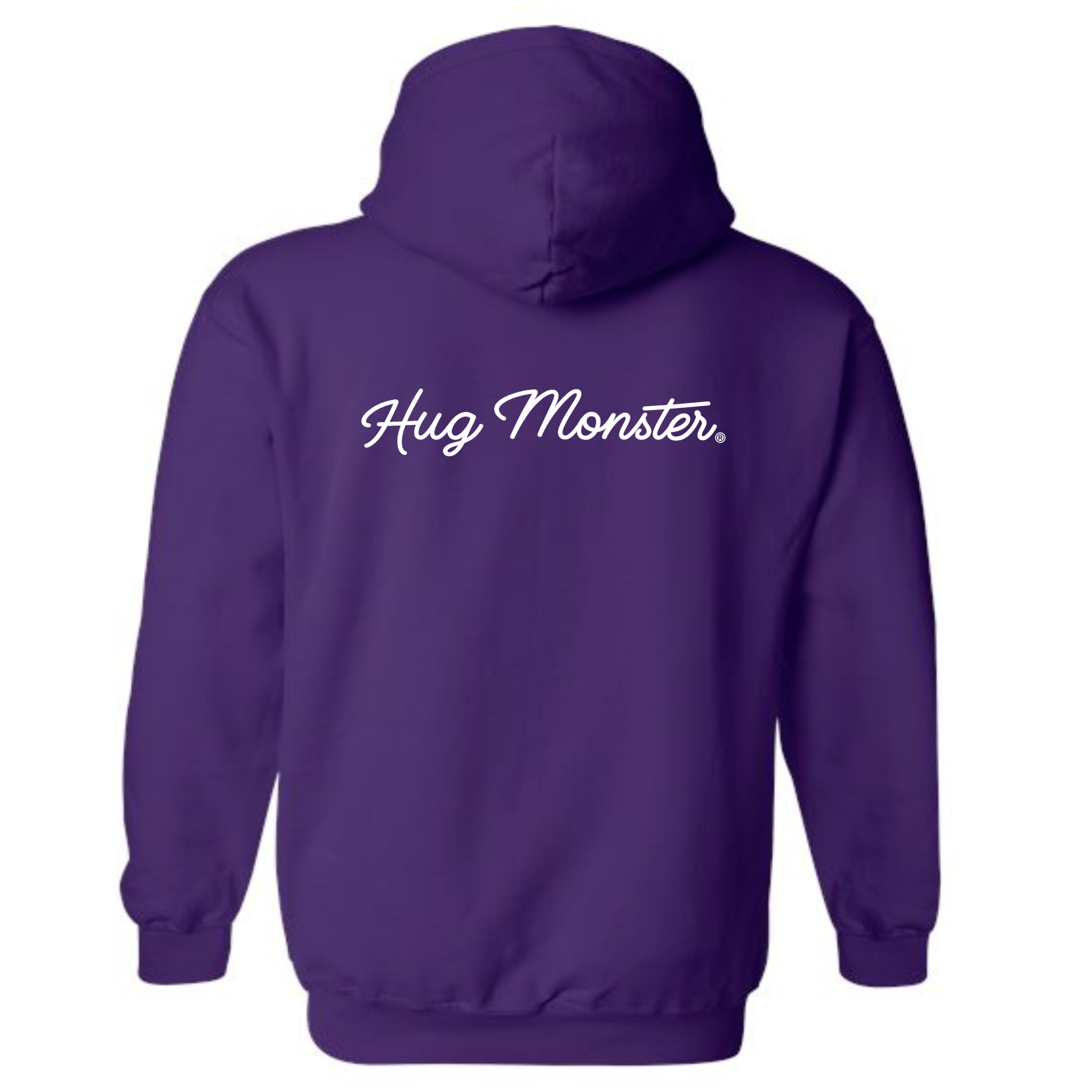 Hug Monster Classic White Cursive graphic hoodie in Purple cozy fleece positive message sweatshirt