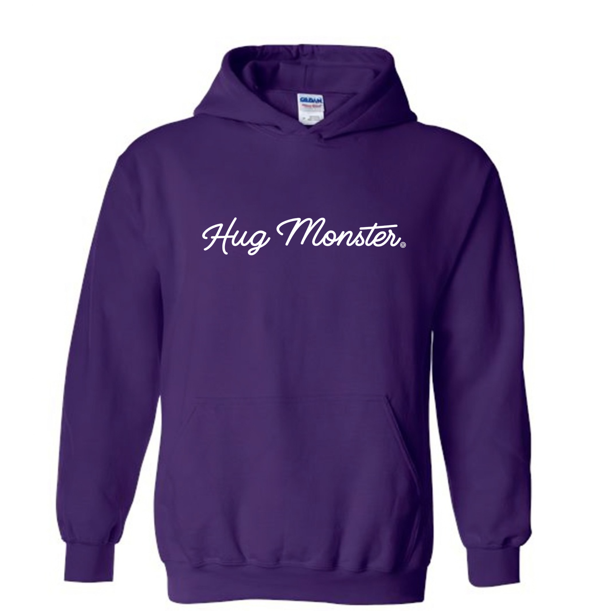 Hug Monster Classic White Cursive graphic hoodie in Purple cozy fleece positive message sweatshirt