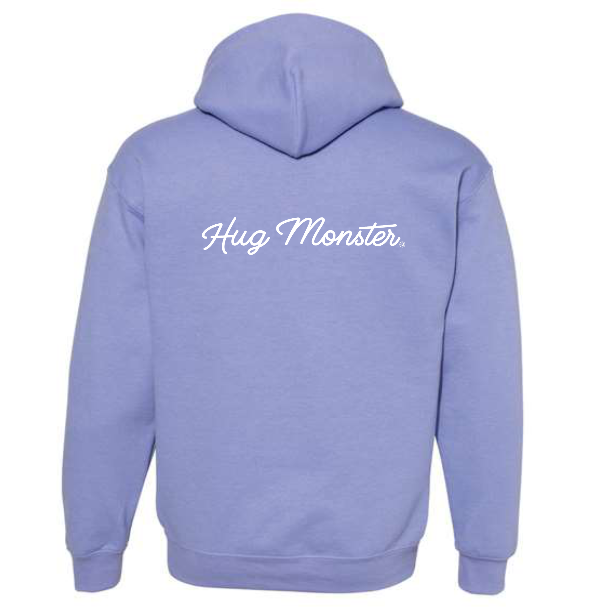 Hug Monster Classic White Cursive graphic hoodie in Violet cozy fleece positive message sweatshirt