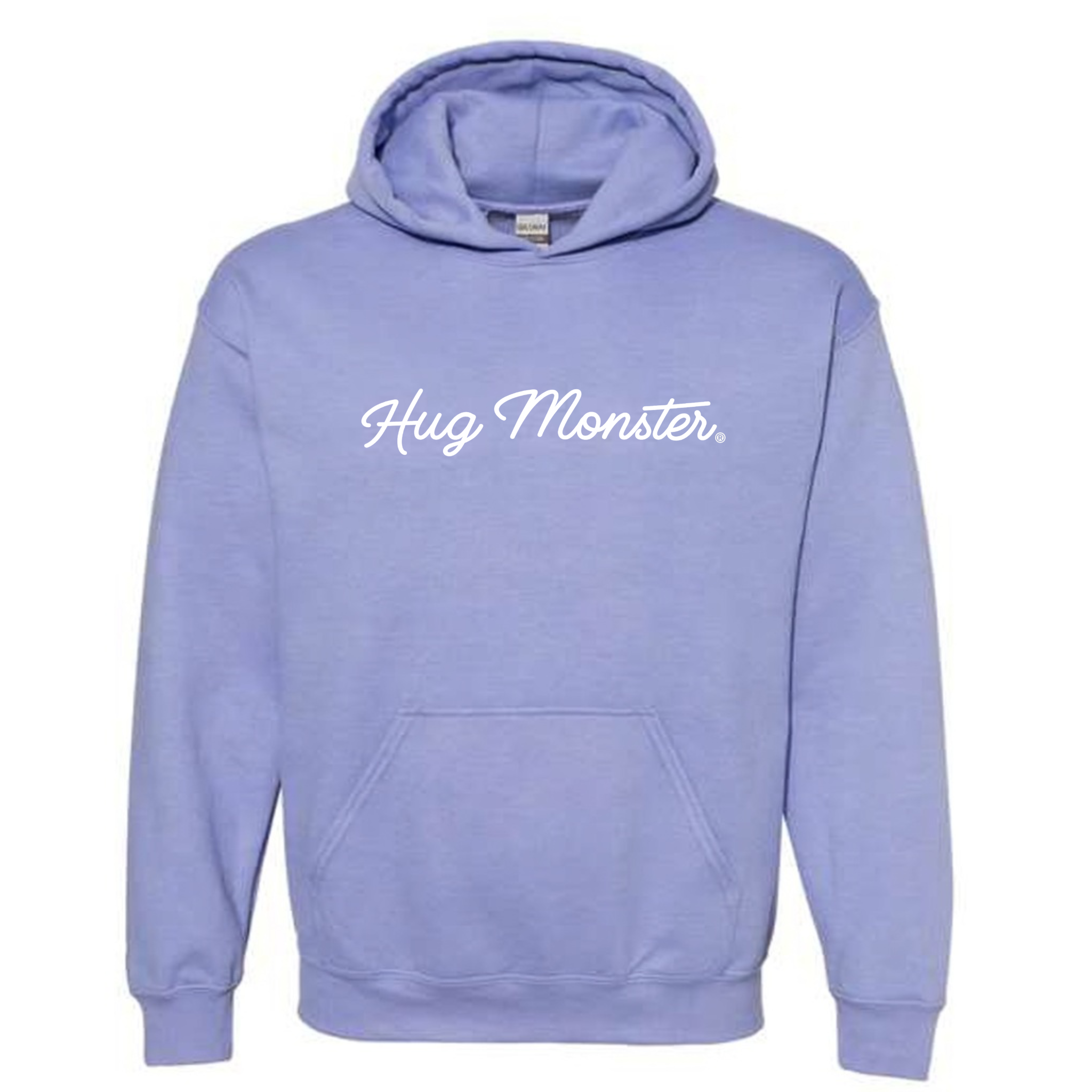 Hug Monster Classic White Cursive graphic hoodie in Violet cozy fleece positive message sweatshirt