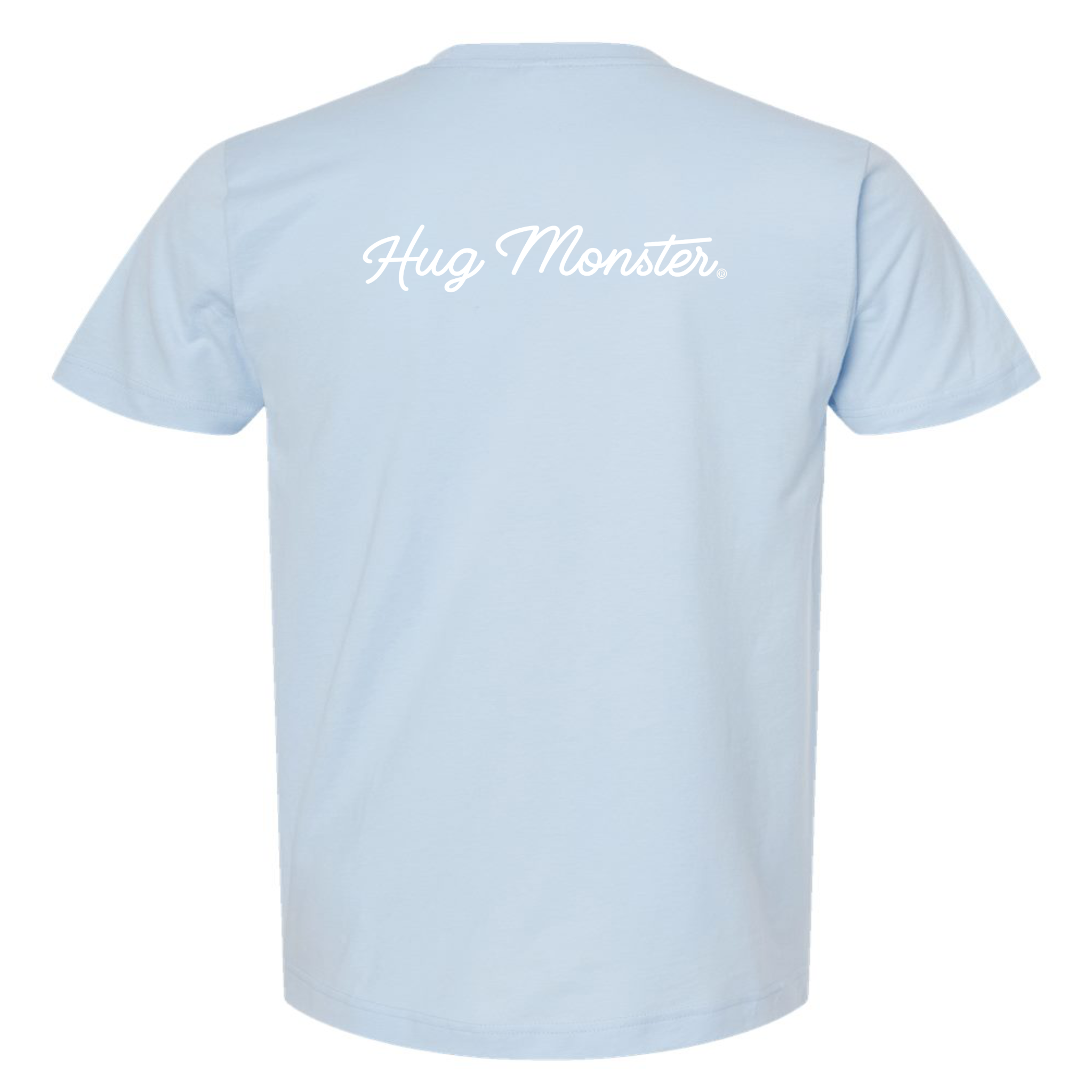 Hug Monster Classic White Cursive T-Shirt - Positive Message Graphic Tee in Baby Blue – Back View