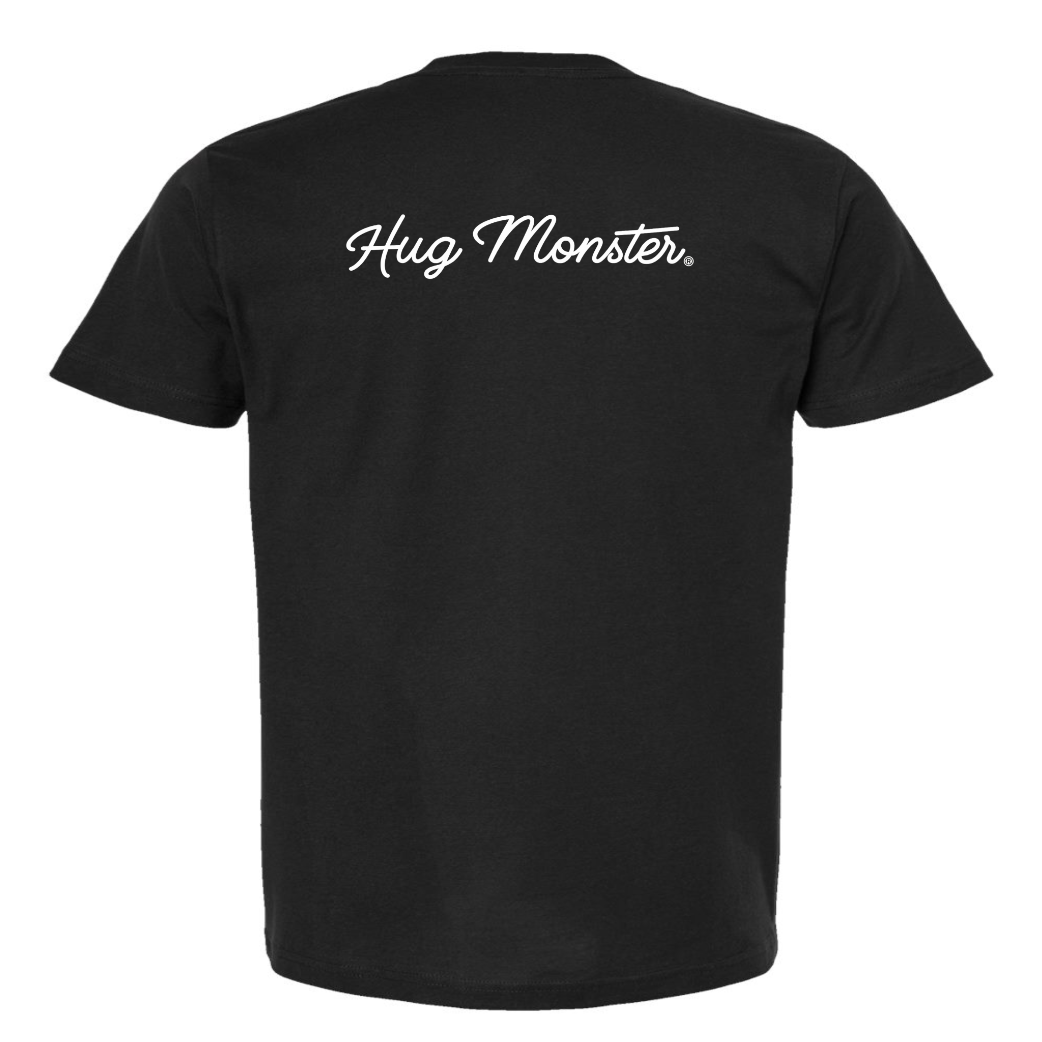 Hug Monster Classic White Cursive T-Shirt - Positive Message Graphic Tee in Black – Back View