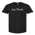 Hug Monster Classic White Cursive T-Shirt - Positive Message Graphic Tee in Black – Front View