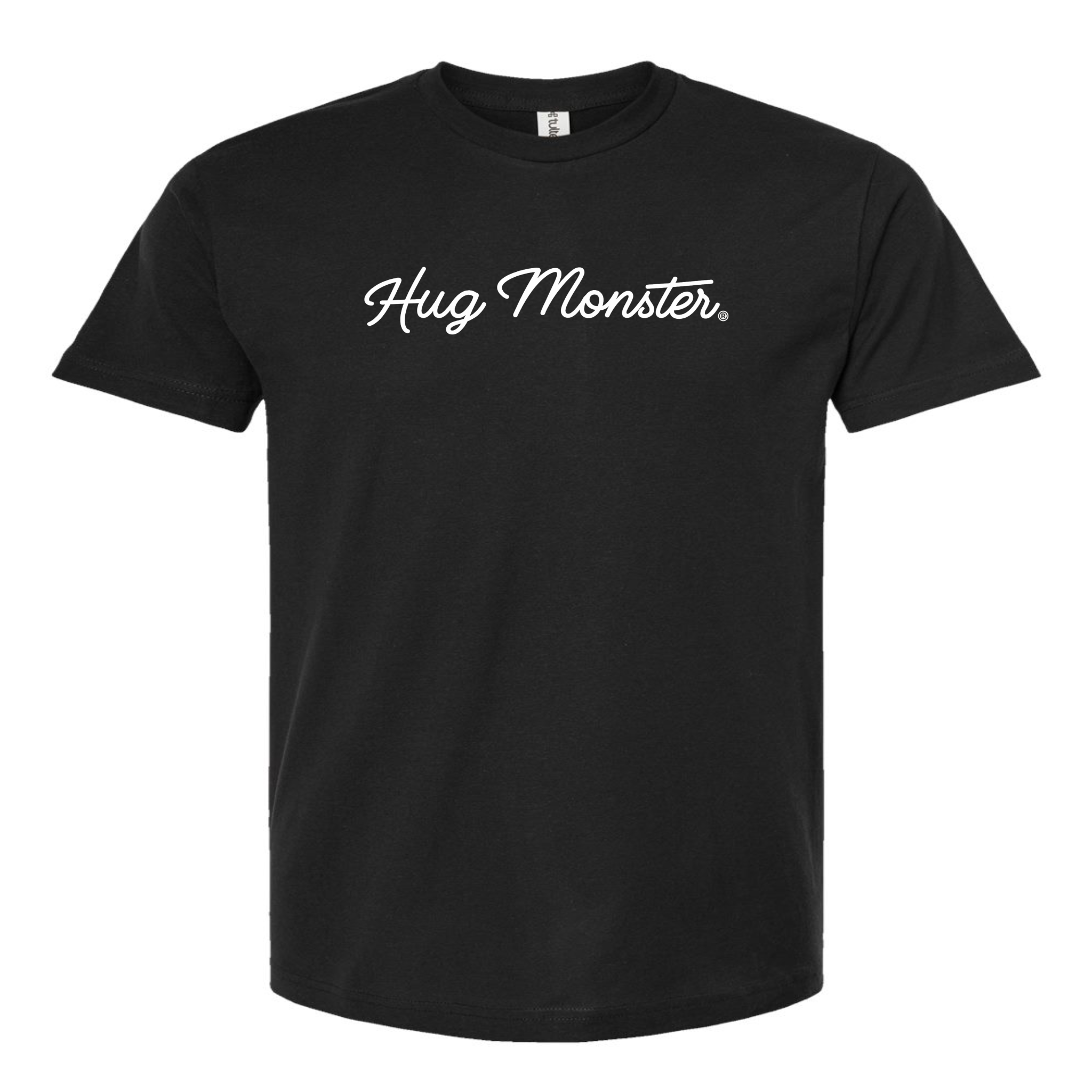 Hug Monster Classic White Cursive T-Shirt - Positive Message Graphic Tee in Black – Front View