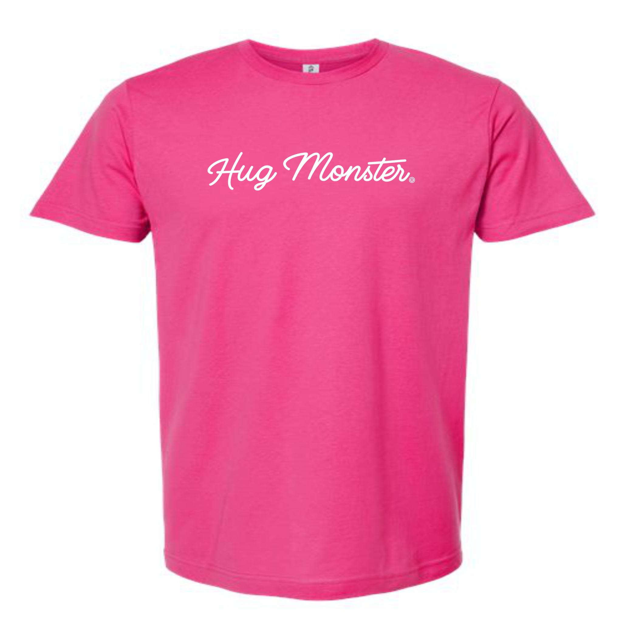 Hug Monster Classic White Cursive T-Shirt - Positive Message Graphic Tee in Bright Fuscia – Front View