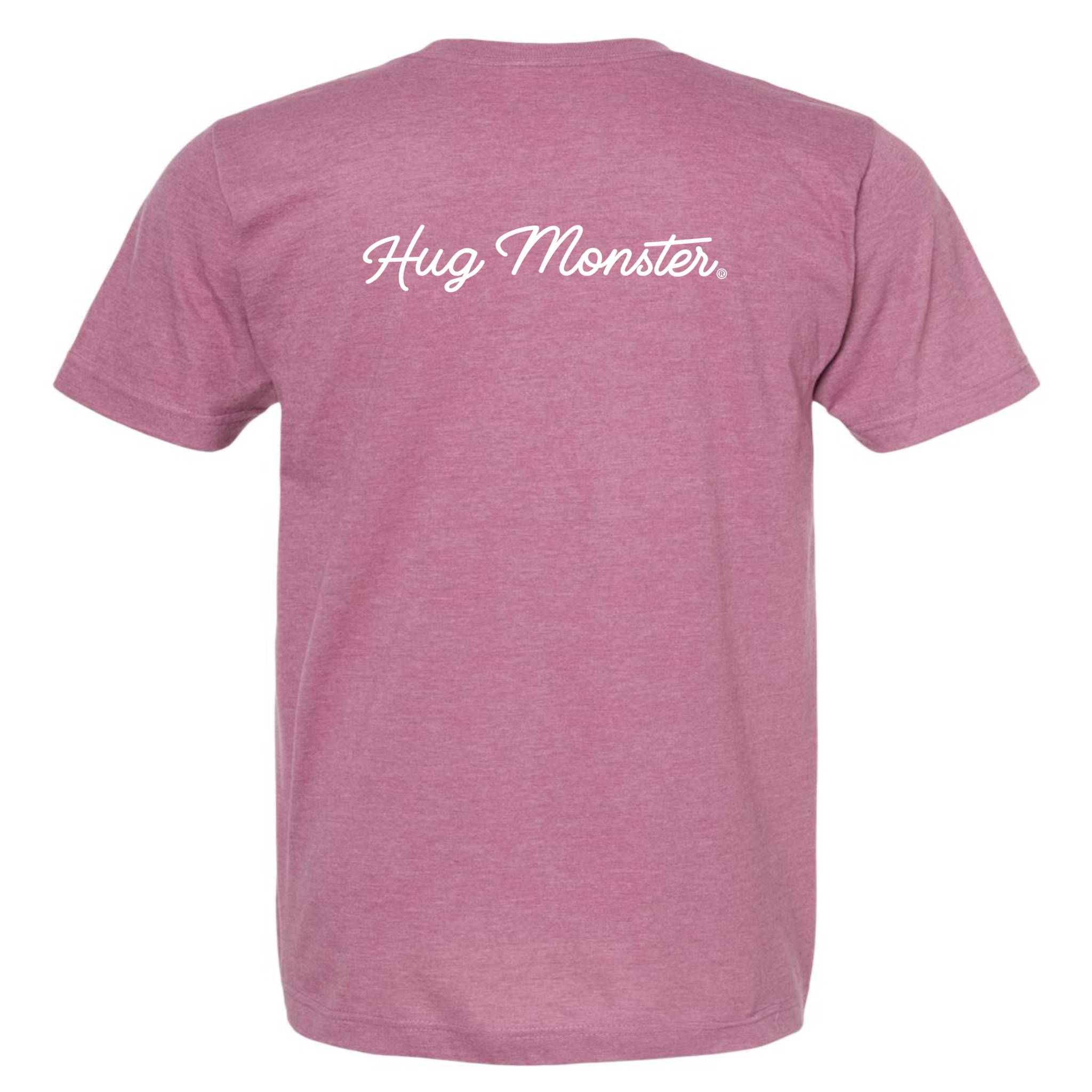 Hug Monster Classic White Cursive T-Shirt - Positive Message Graphic Tee in Heather Dusty Rose Pink – Back View