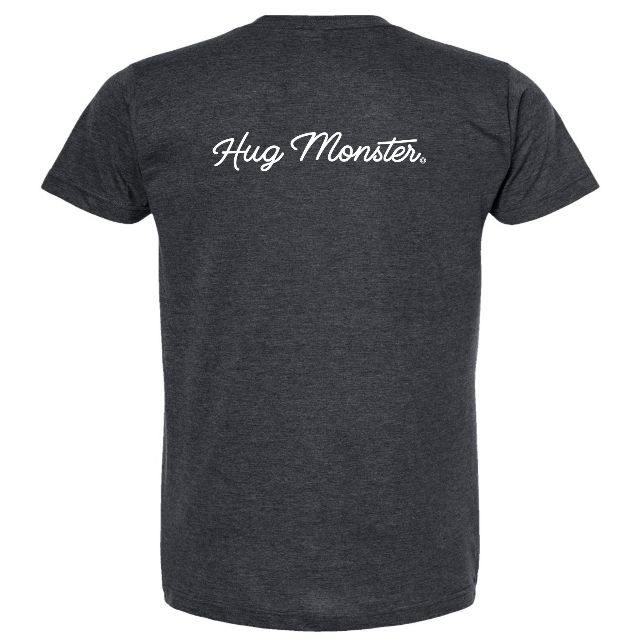 Hug Monster Classic White Cursive T-Shirt - Positive Message Graphic Tee in Heather Graphite – Back View
