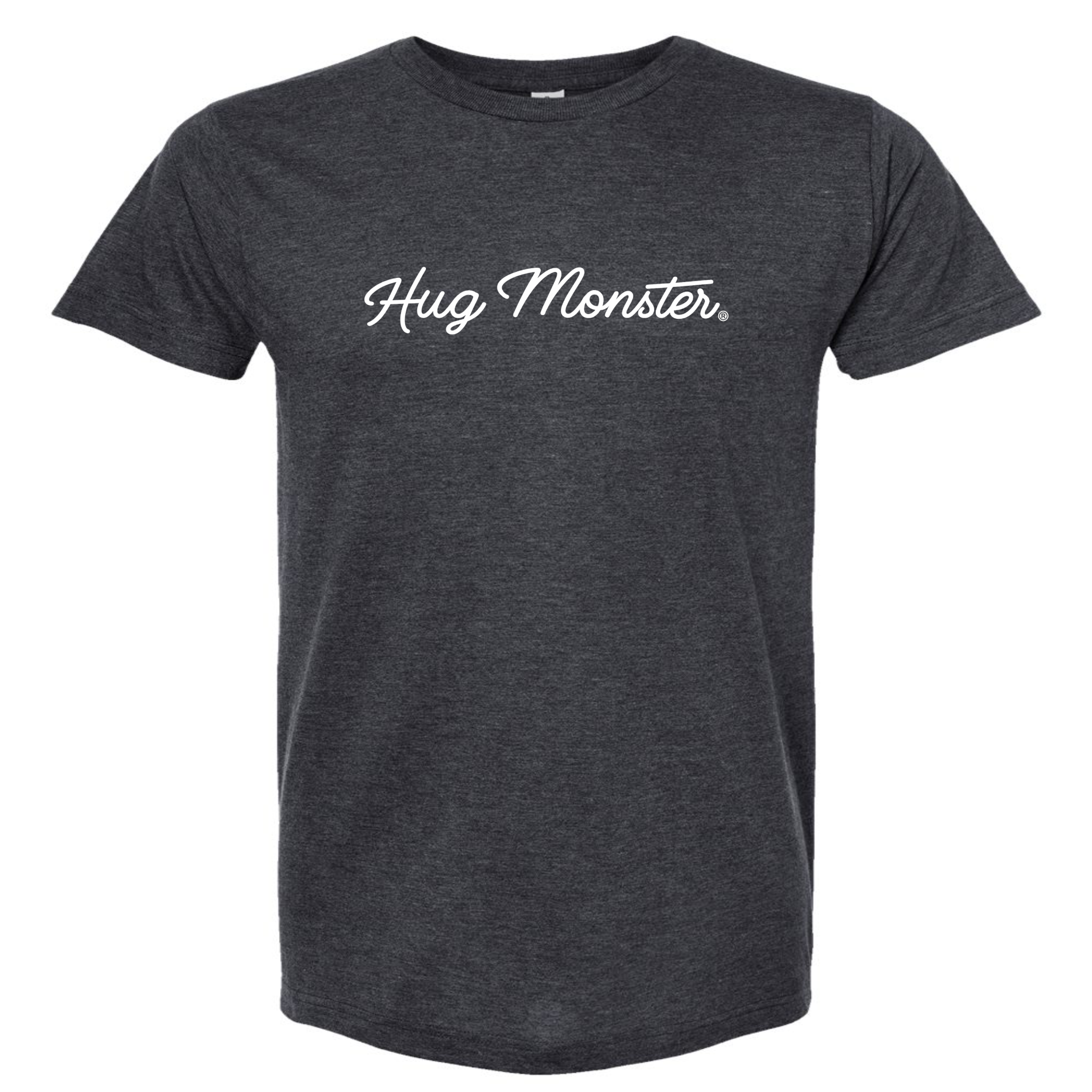 Hug Monster Classic White Cursive T-Shirt - Positive Message Graphic Tee in Heather Graphite – Front View