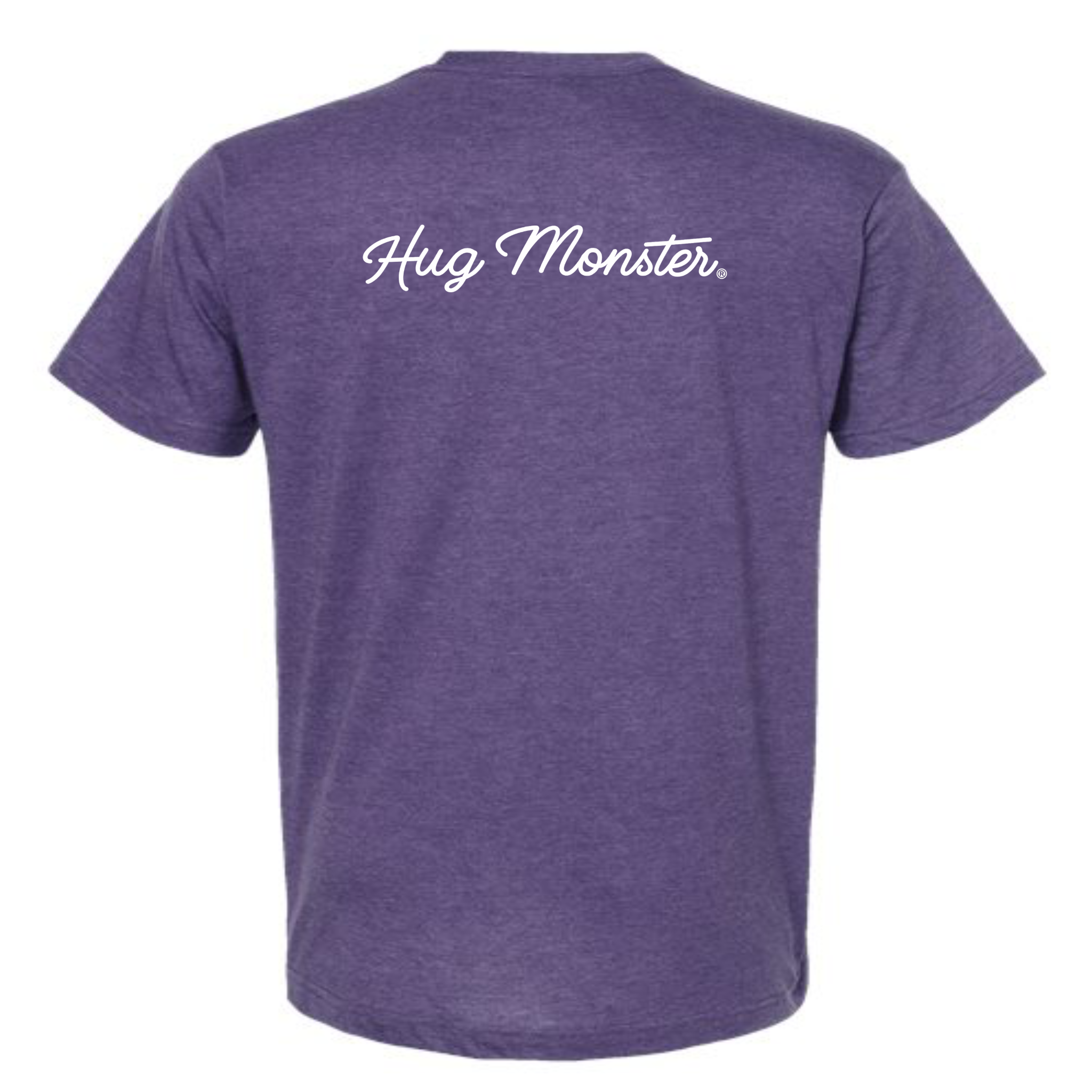 Hug Monster Classic White Cursive T-Shirt - Positive Message Graphic Tee in Heather Purple – Back View