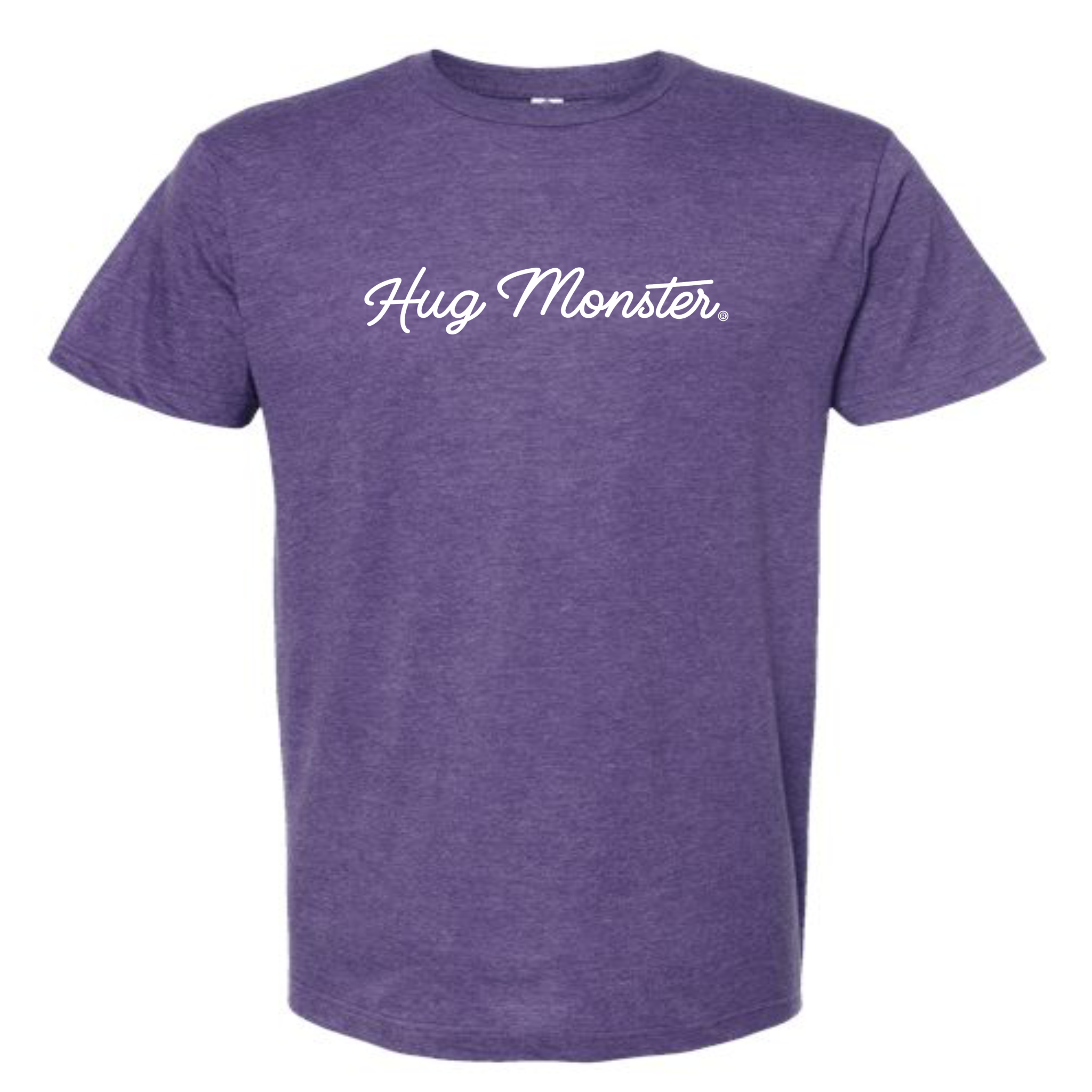 Hug Monster Classic White Cursive T-Shirt - Positive Message Graphic Tee in Heather Purple – Front View