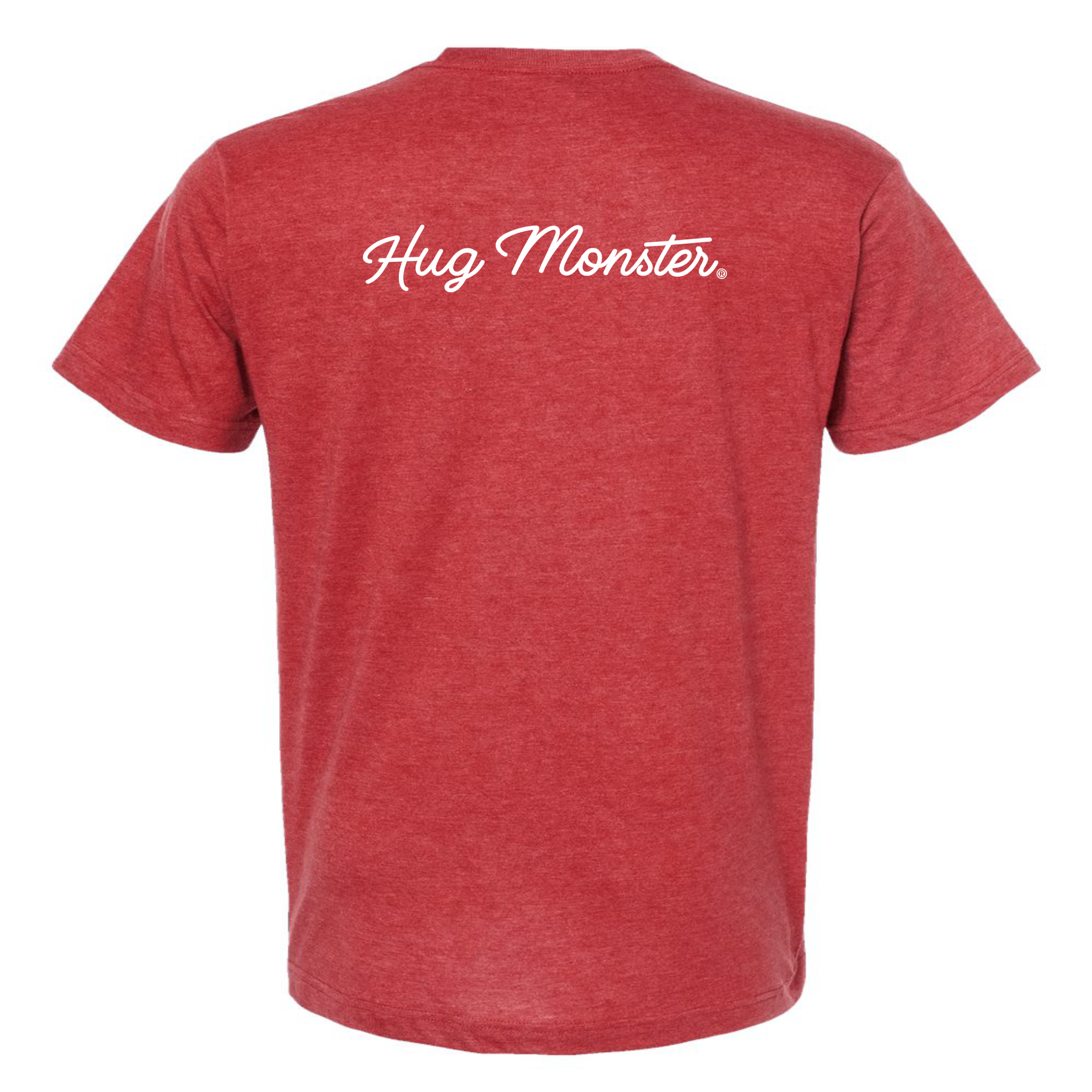 Hug Monster Classic White Cursive T-Shirt - Positive Message Graphic Tee in Heather Red Scarlet – Back View